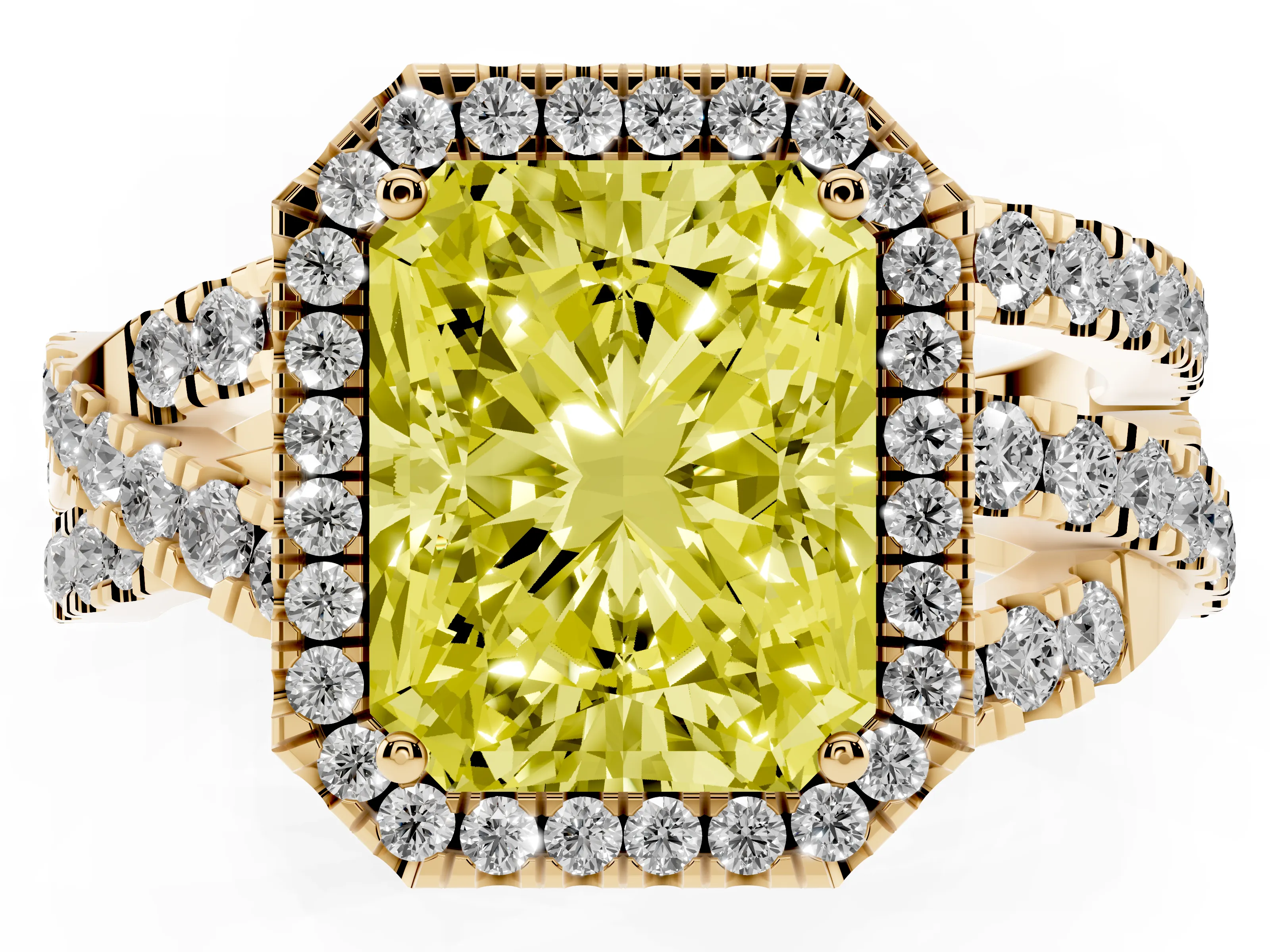 Fancy Yellow Radiant Cut Diamond Halo Ring Set in Yellow gold with Round Crossover Split Shank and Prong Setting