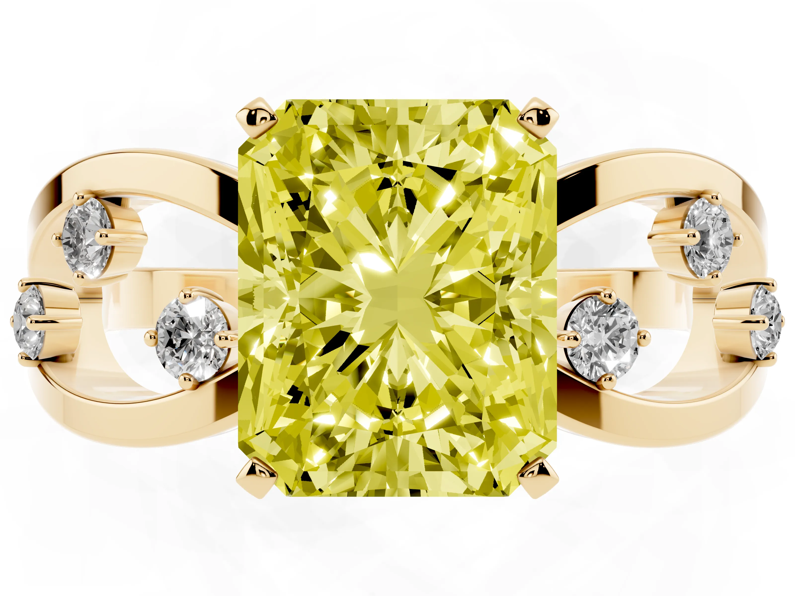 Fancy Yellow Radiant Cut Diamond Solitaire Ring Set in Yellow gold with Side Stones on Criss-Cross Band and Prong Setting