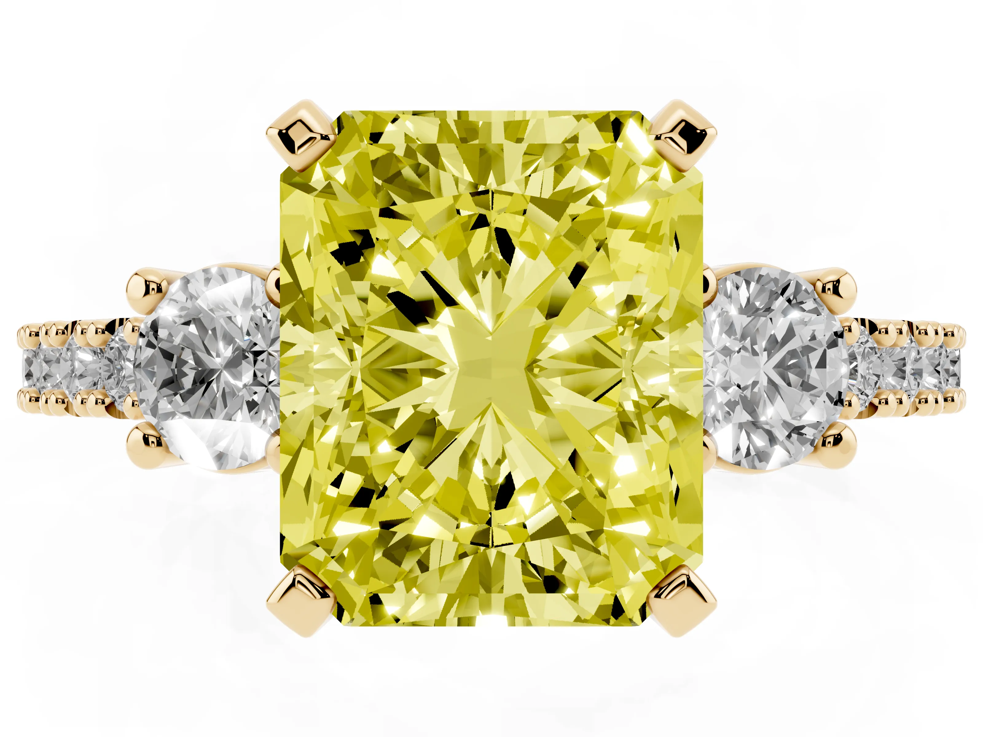 Fancy Yellow Three-Stone Radiant Cut Diamond Pavé Band Ring Set in Yellow gold with Prong Setting