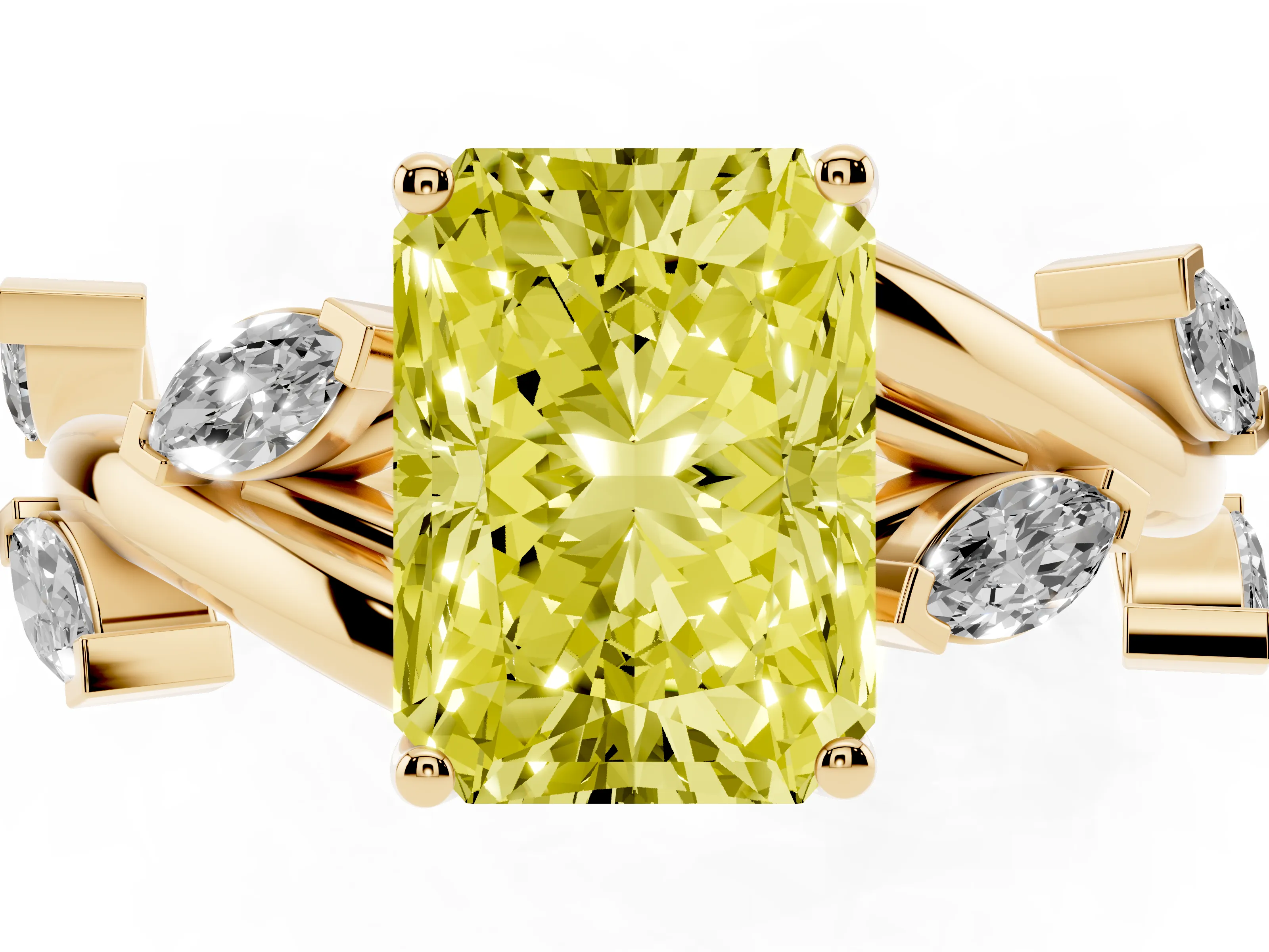 Fancy Yellow Radiant Cut Diamond Solitaire Ring Set in Yellow gold with Twisted Marquise Accent Band