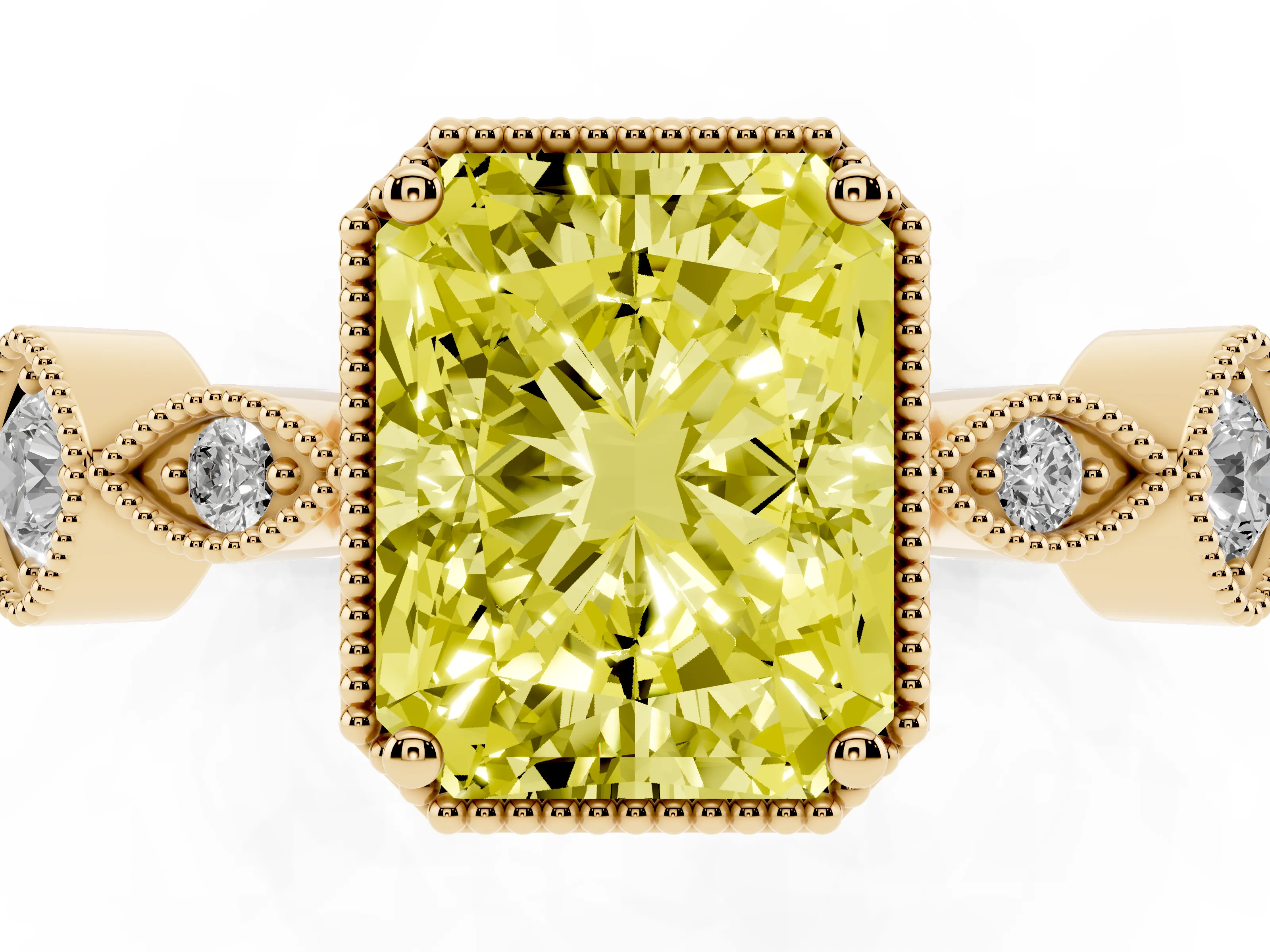 Fancy Yellow Radiant Cut Diamond Vintage-Inspired Milgrain Ring Set in Yellow gold with Marquise Stations of Round Accents