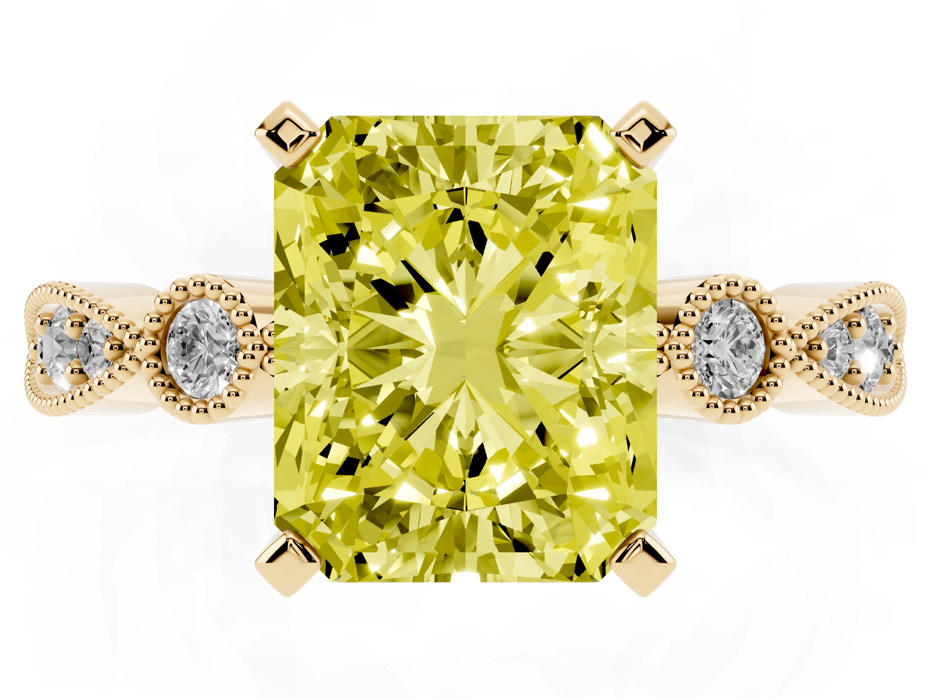 Fancy Yellow Radiant Cut Diamond Solitaire Engagement Ring Set in Yellow gold with Milgrain Bezel Accent Band