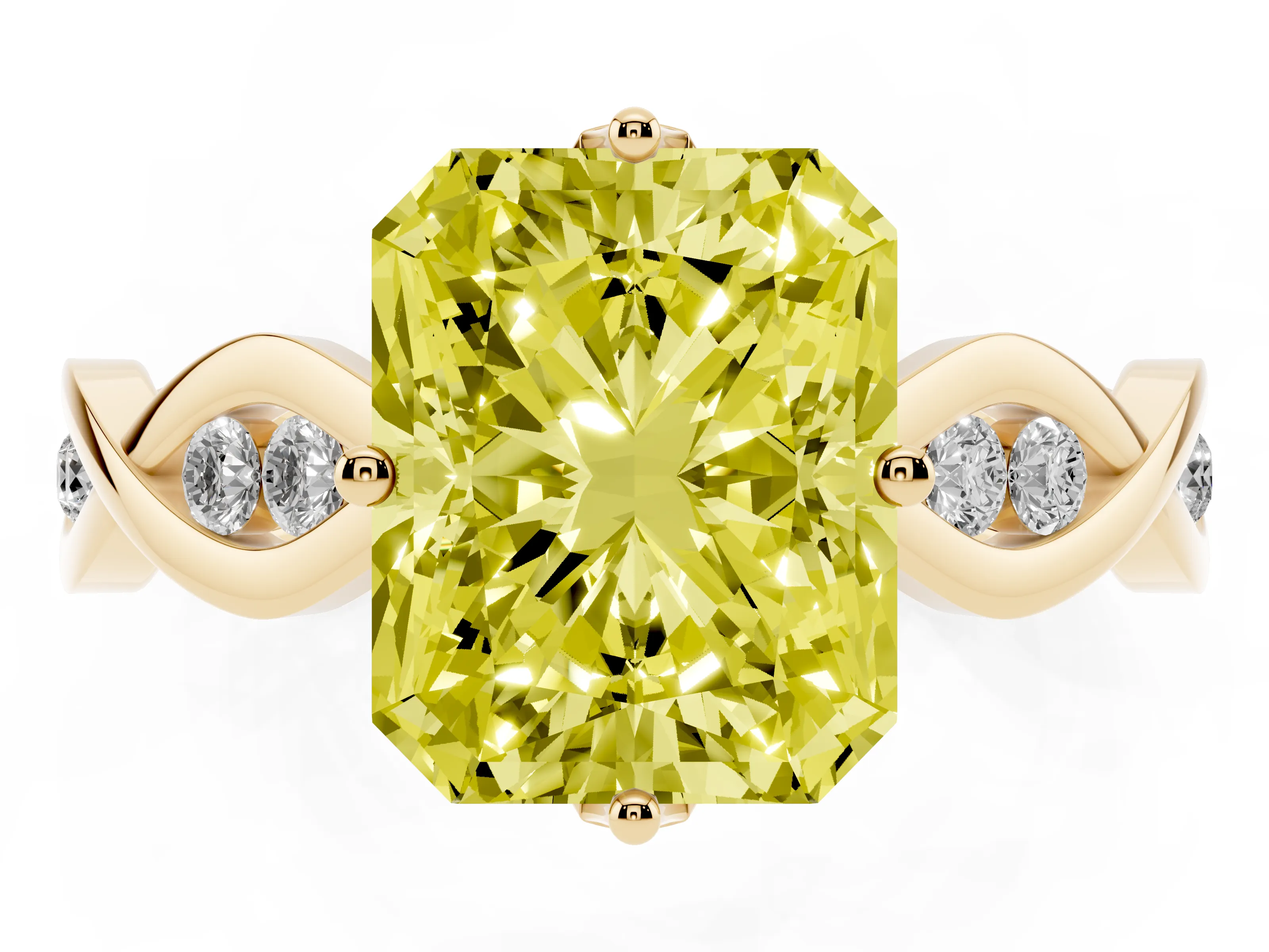 Fancy Yellow Radiant Cut Diamond Twist Band Solitaire Ring Set in Yellow gold with Leaf Prong Setting and Accent Stones