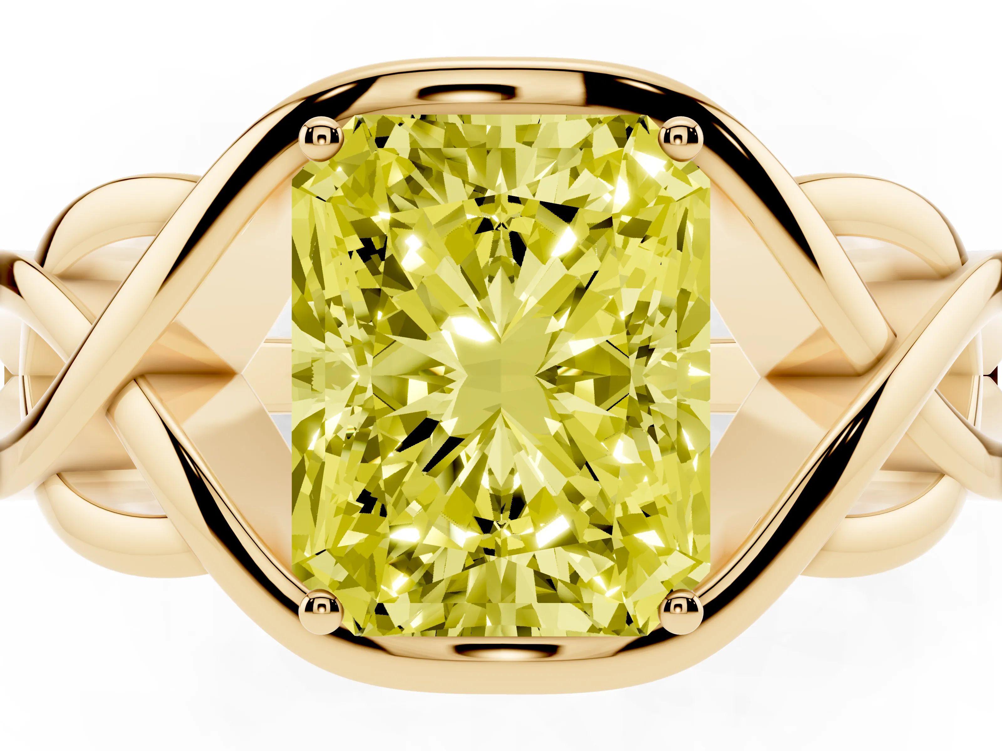 Fancy Yellow Radiant Cut Diamond Solitaire Ring Set in Yellow gold with Intertwined Band