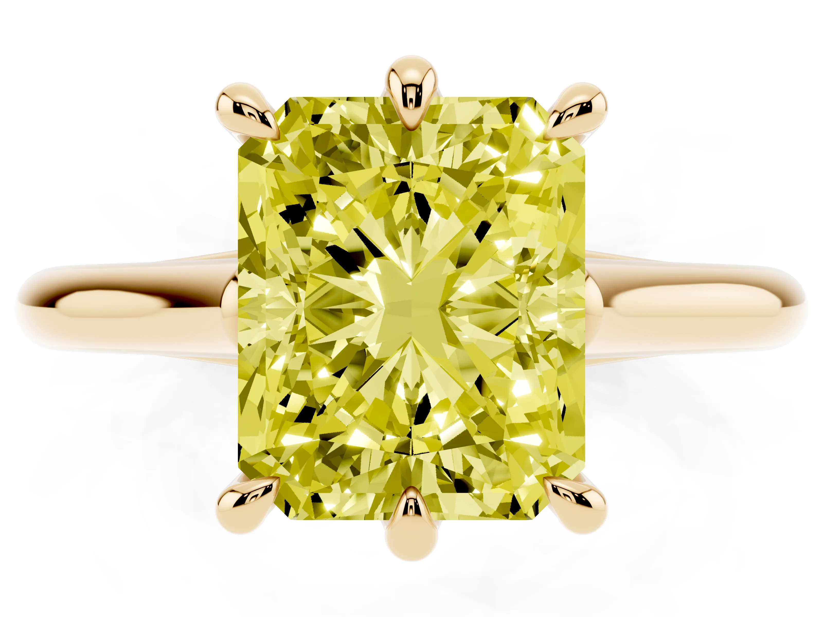 Fancy Yellow Radiant Cut Diamond Solitaire Engagement Ring Set in Yellow gold with Prong Setting and Plain Classic Band