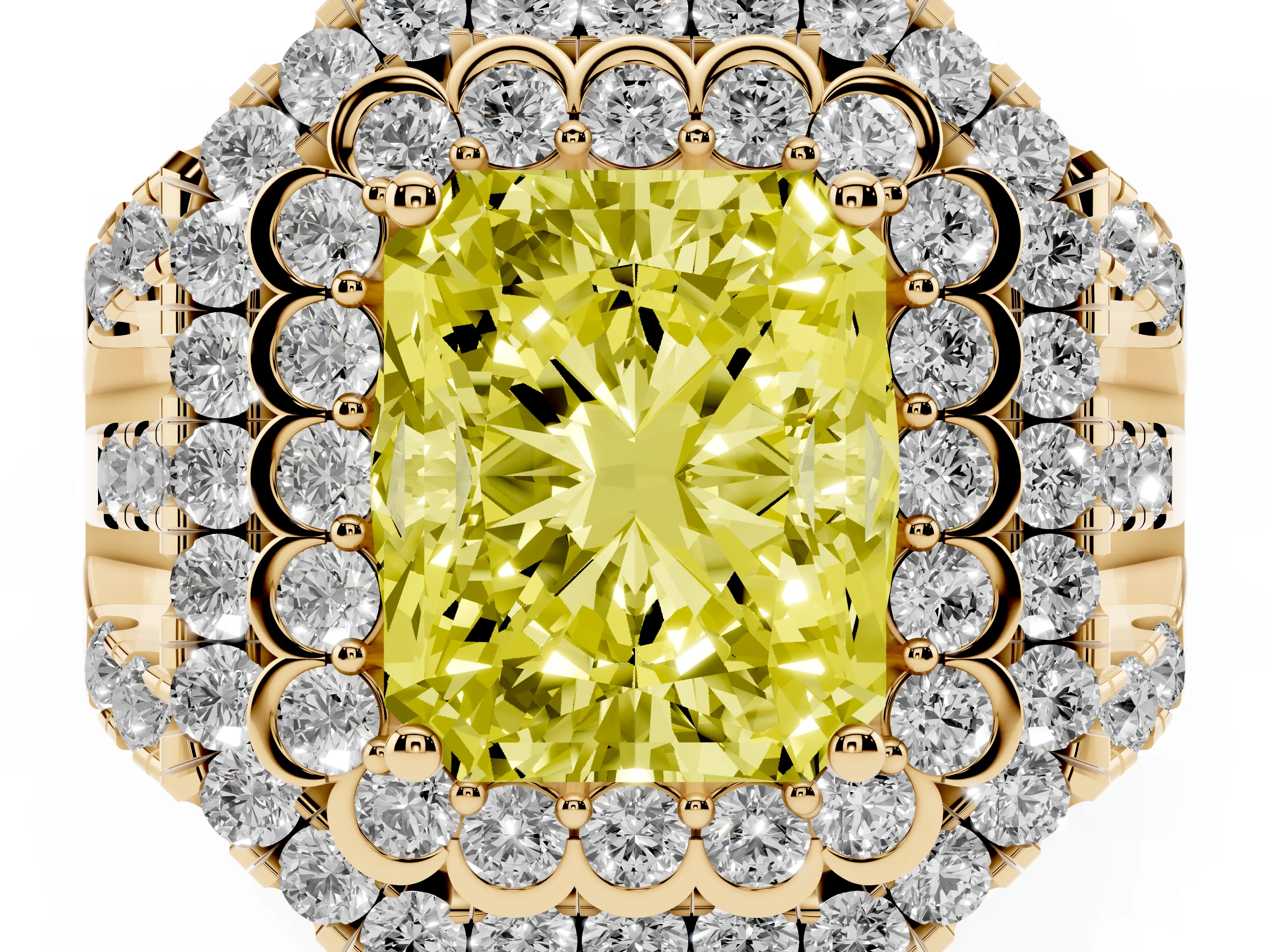 Fancy Yellow Radiant Cut Diamond Double Halo Ring Set in Yellow gold with Round Pavé Split Shank
