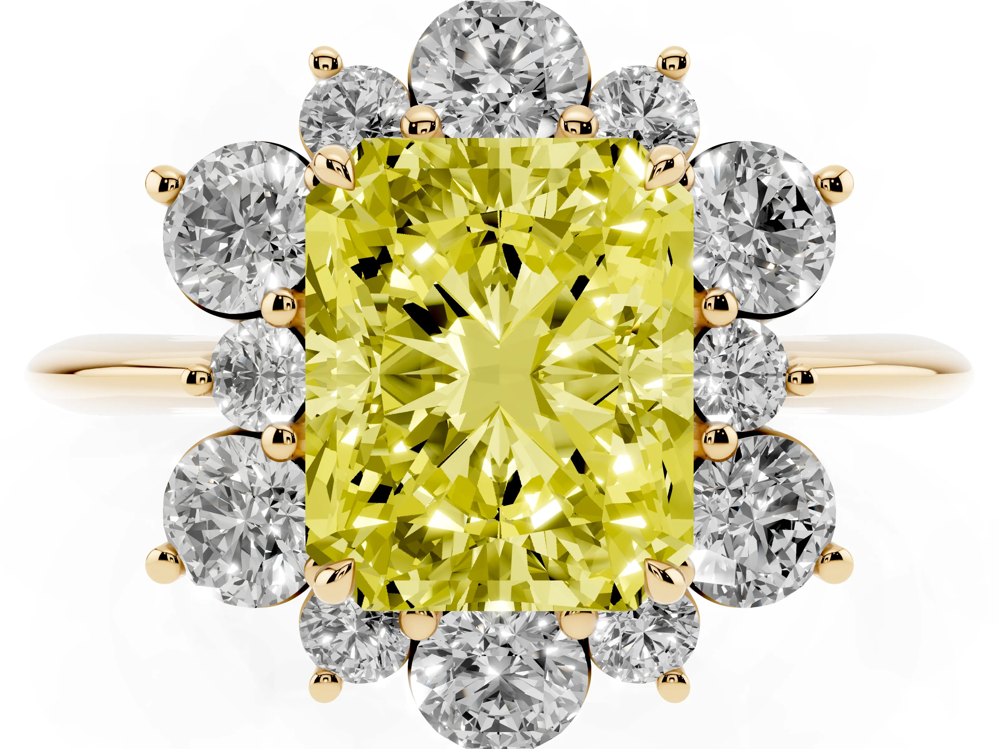 Fancy Yellow Radiant Cut Diamond Cluster Halo Ring Set in Yellow gold with Solitaire Band and Prong Setting
