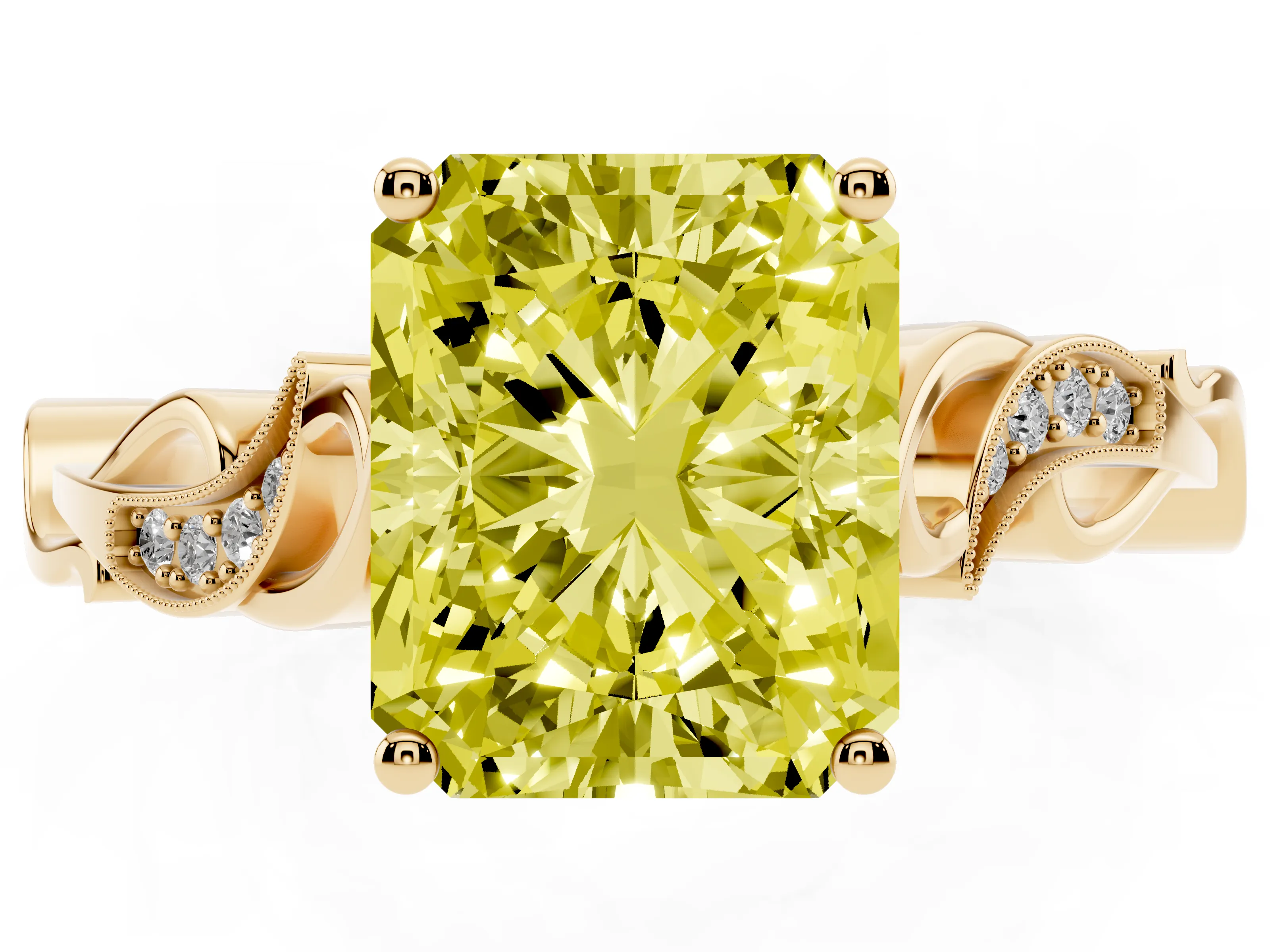 Fancy Yellow Radiant Cut Diamond Vine Band Solitaire Ring Set in Yellow gold with Milgrain Prong Setting