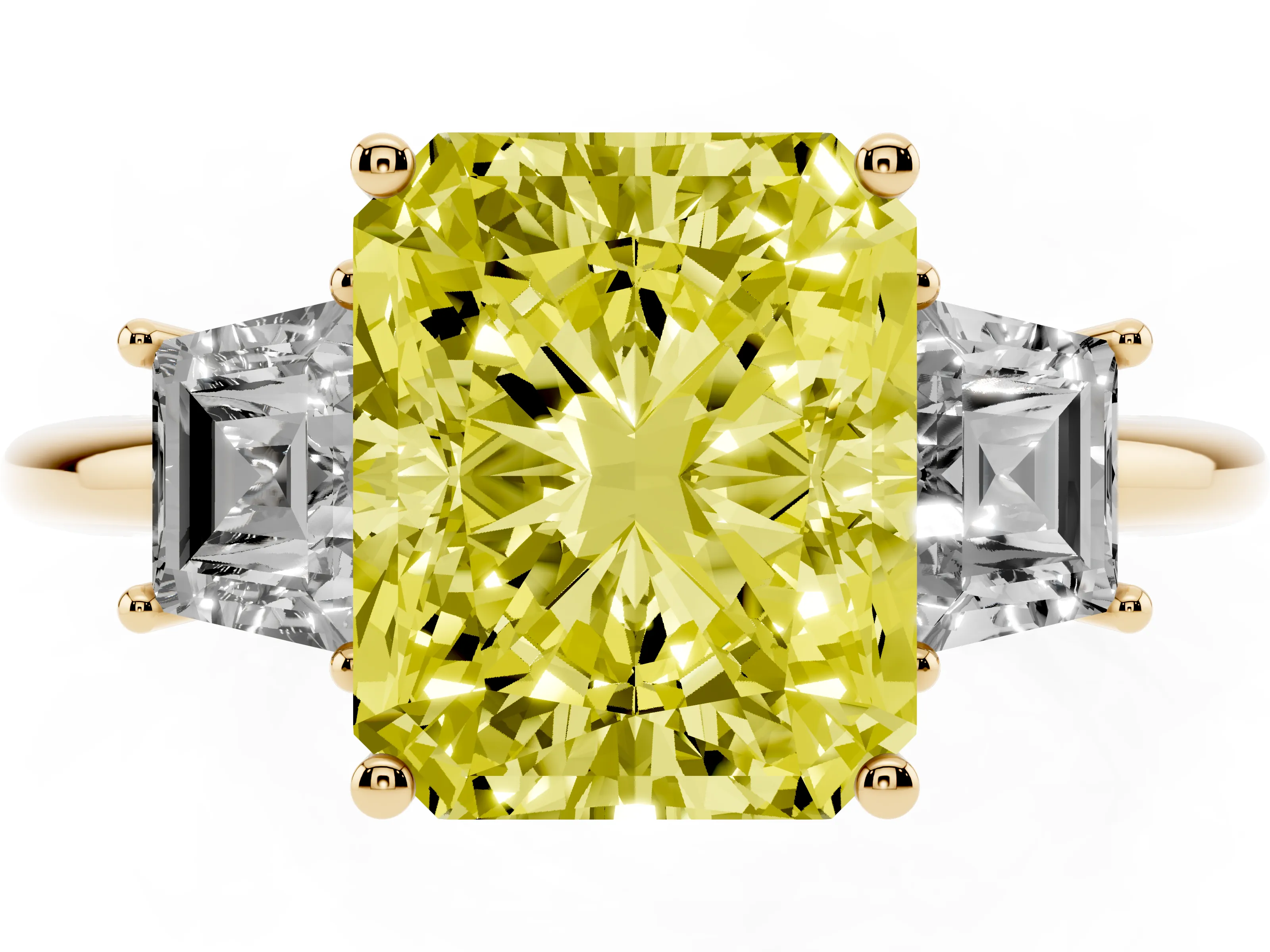 Fancy Yellow Radiant Cut Diamond Three-Stone Ring Set in Yellow gold with Trapezoid Side Stones and Prong Setting