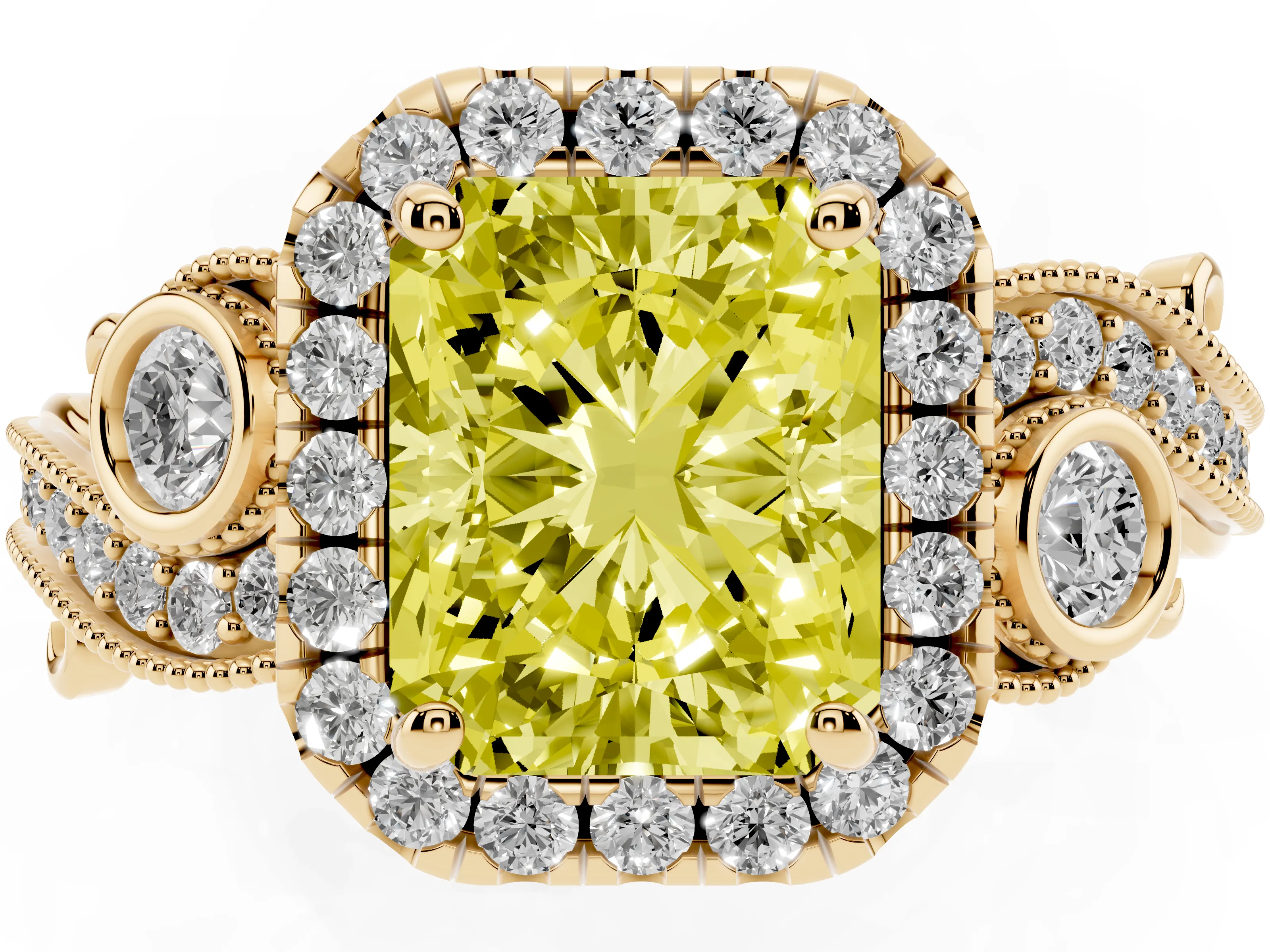 Fancy Yellow Radiant Cut Diamond Halo Ring Set in Yellow gold with Milgrain Pavé Band and Prong Setting