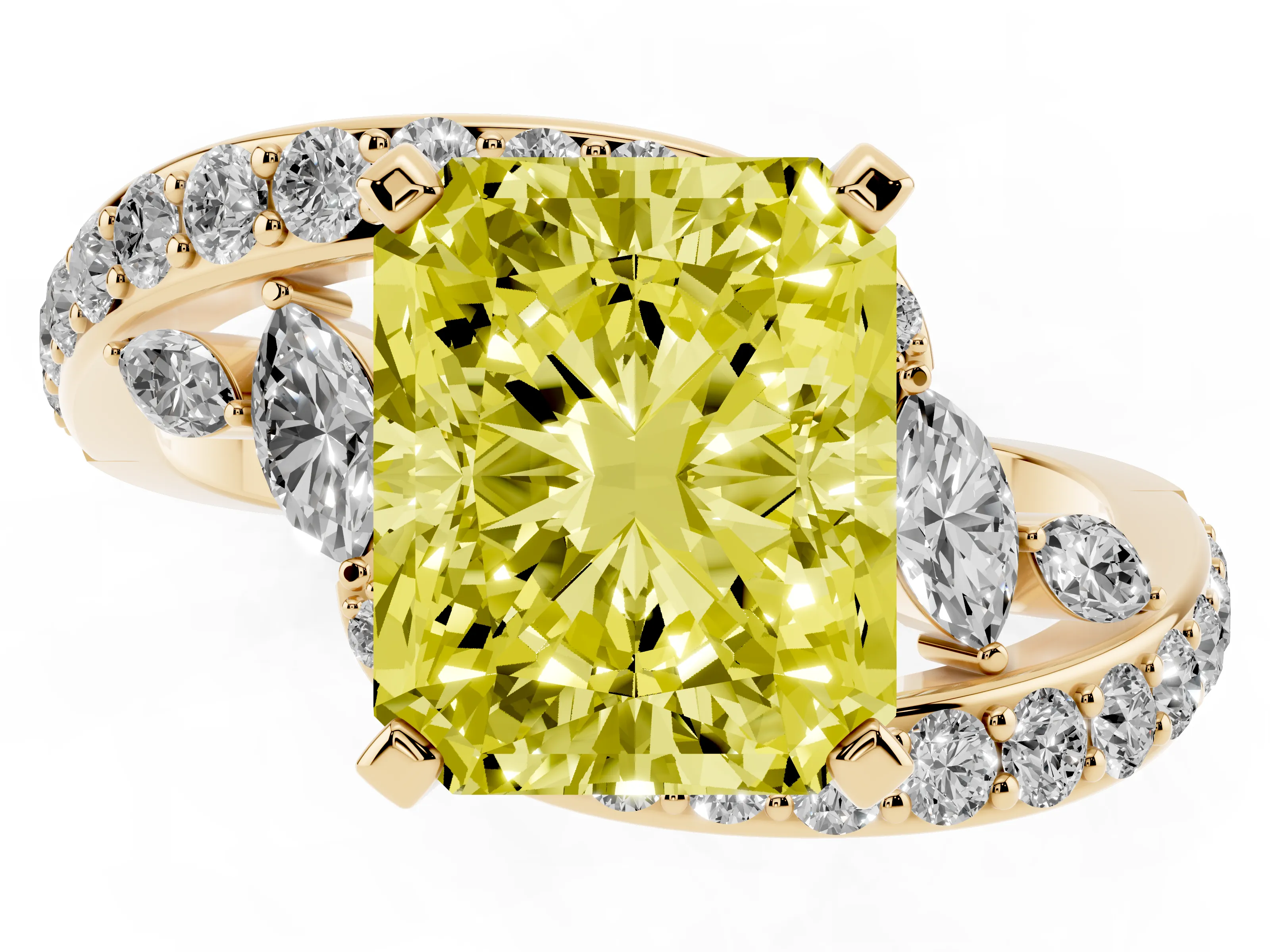 Fancy Yellow Radiant Cut Diamond Solitaire Ring Set in Yellow gold with Pavé Twist Band and Secure Prong Setting