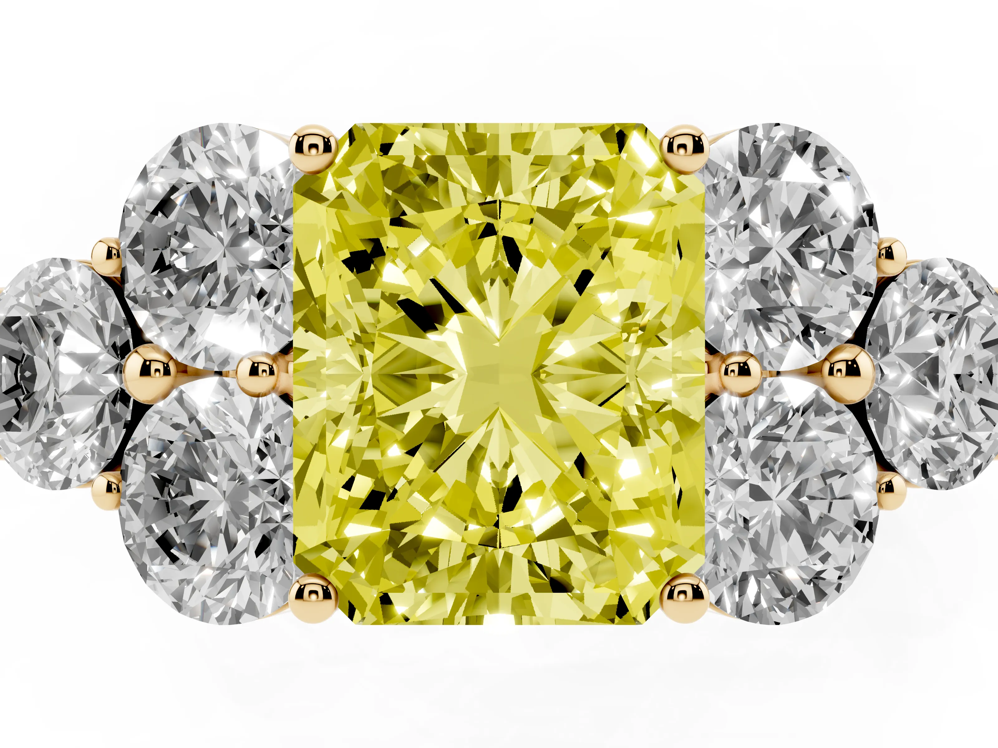 Fancy Yellow Radiant Cut Diamond Cluster Ring Set in Yellow gold with Round Accent Stones and Prong Setting on a Plain Band