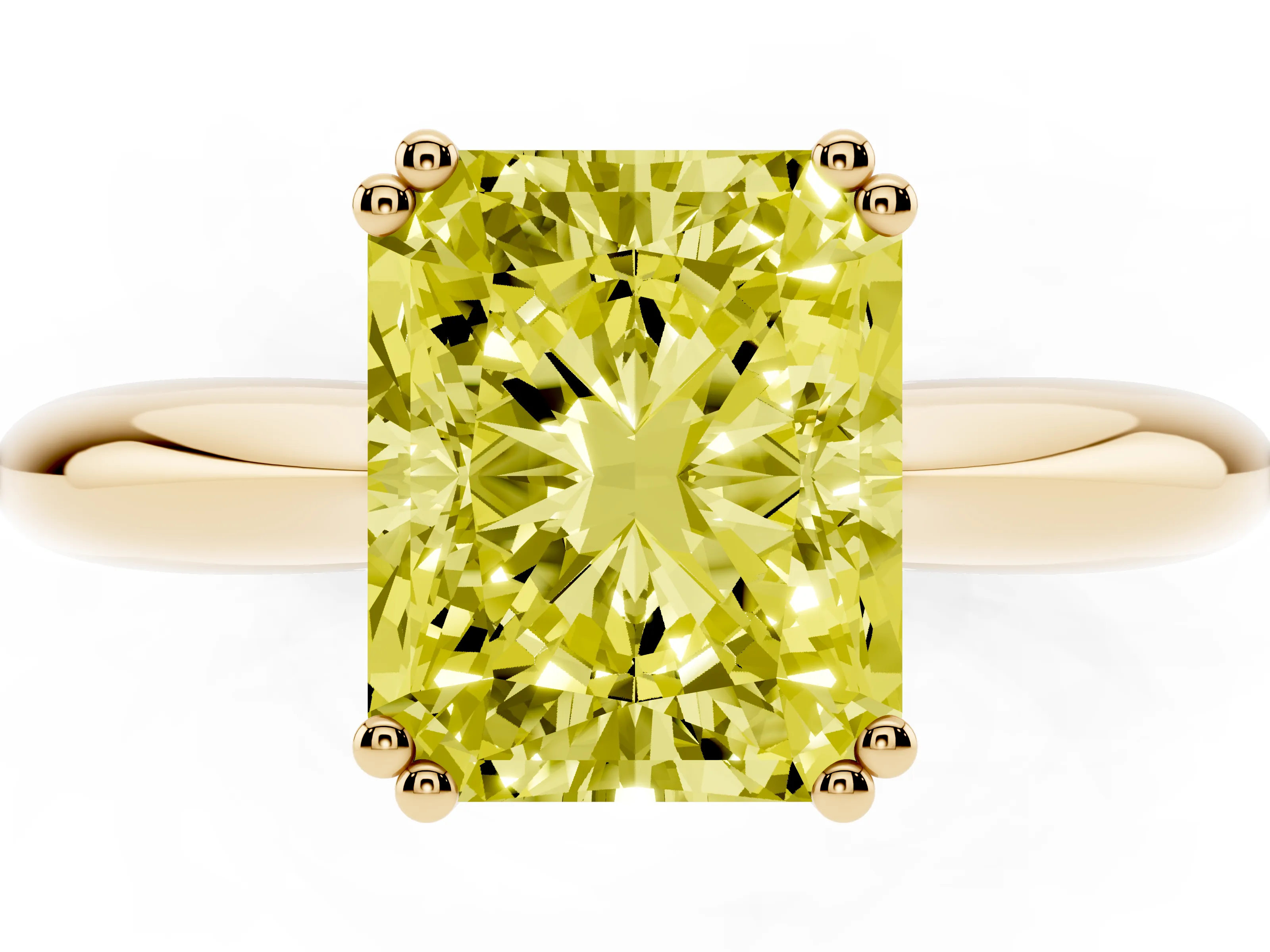 Fancy Yellow Radiant Cut Diamond Solitaire Engagement Ring Set in Yellow gold with Tapered Band and Prong Setting
