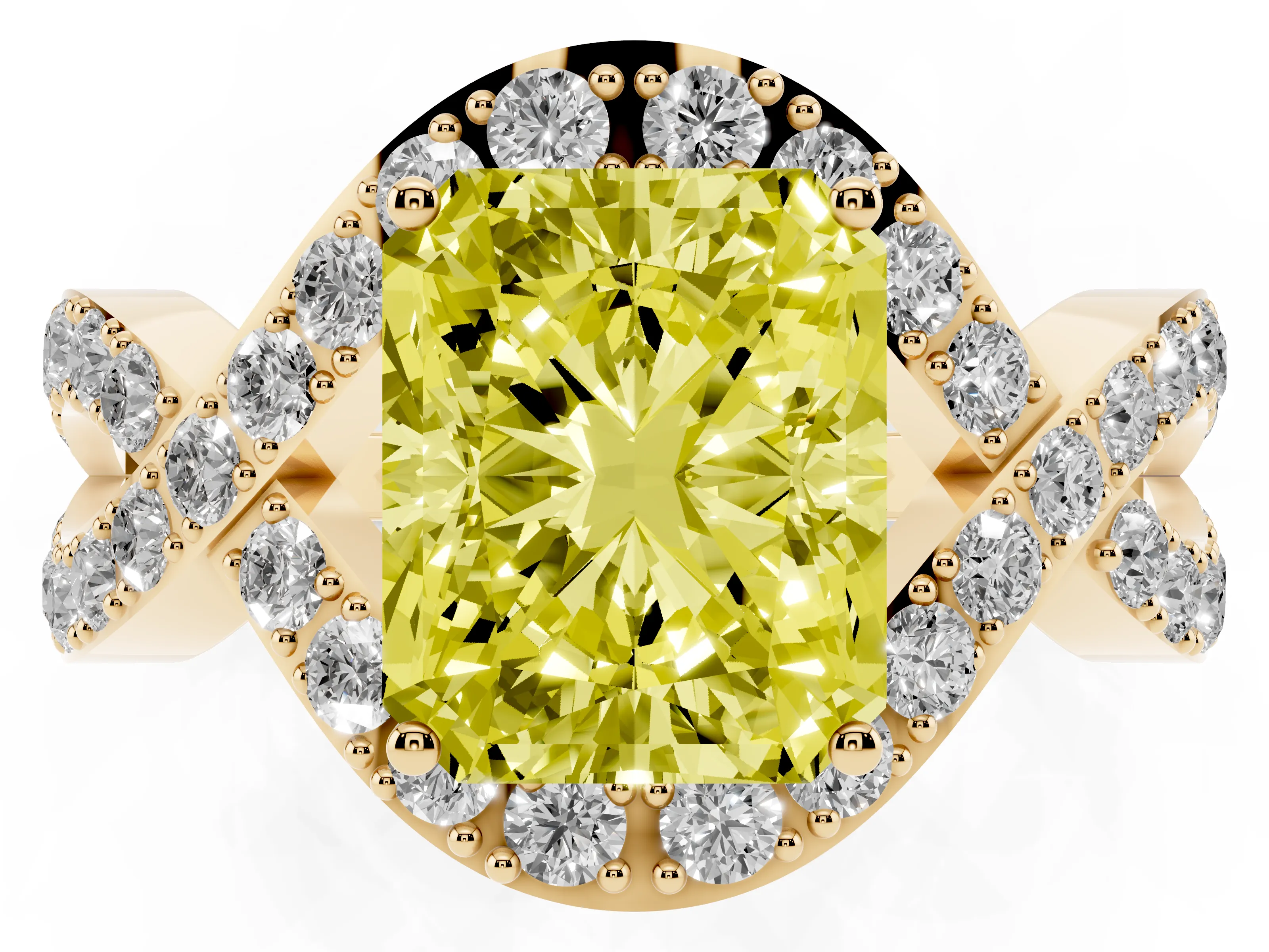 Fancy Yellow Radiant Cut Diamond Solitaire Twist Band Pavé Engagement Ring Set in Yellow gold
