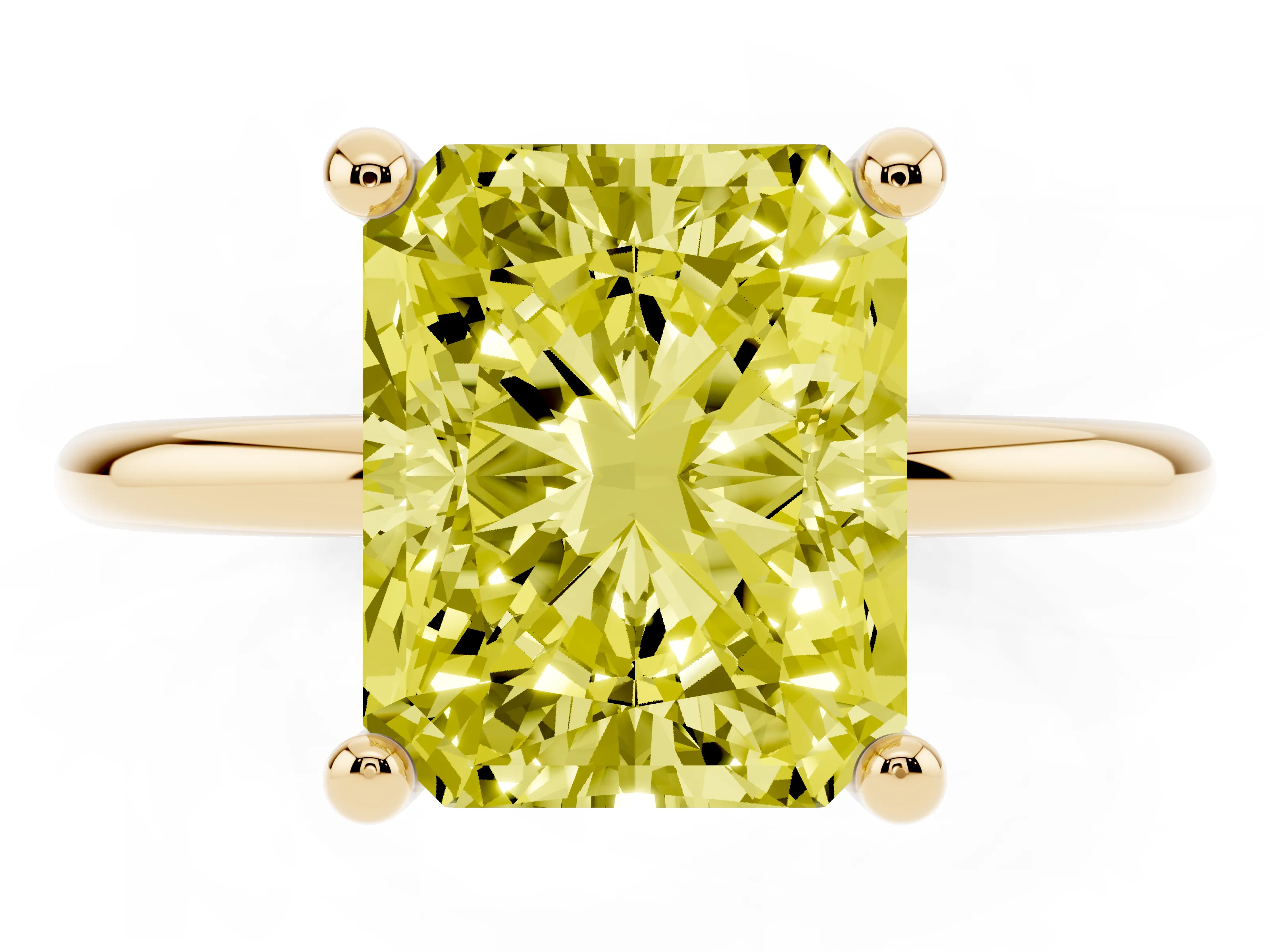 Fancy Yellow Radiant Cut Diamond Solitaire Ring Set in Yellow gold with Secure Prong Setting on a Classic Band