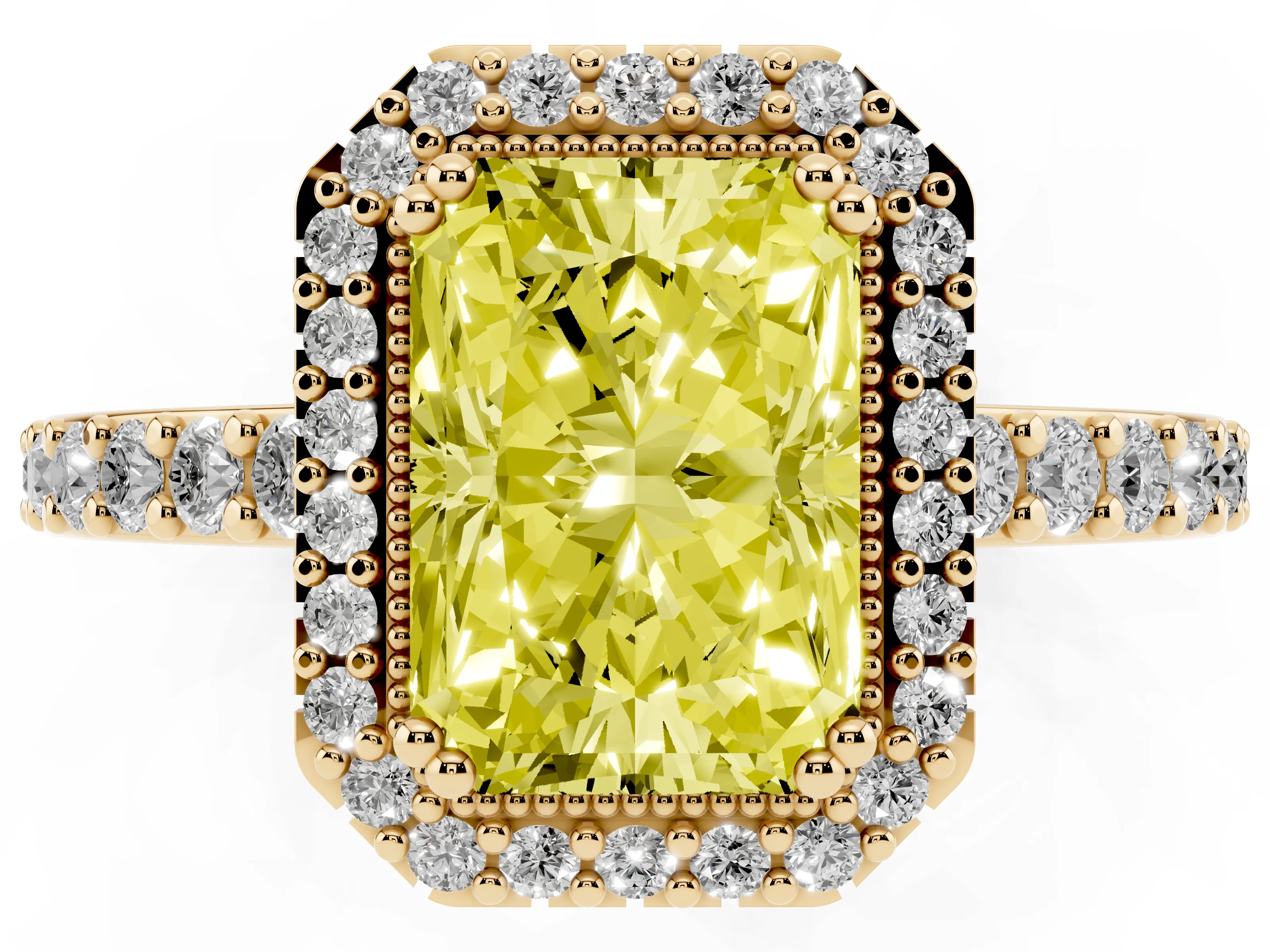 Fancy Yellow Radiant Cut Diamond Halo Engagement Ring Set in Yellow gold with Milgrain Detail and Pavé Band