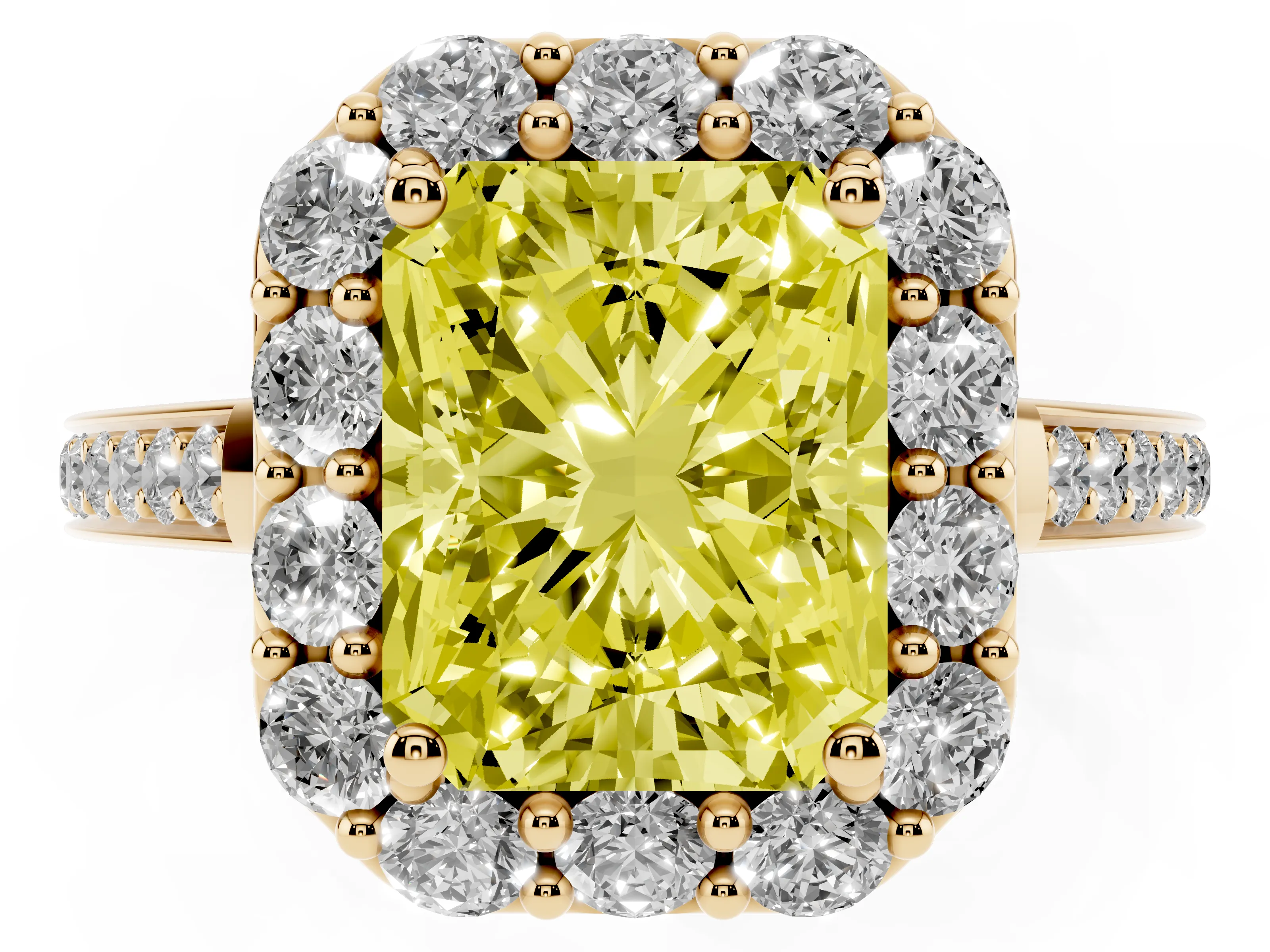 Fancy Yellow Radiant Cut Diamond Floral Halo Ring Set in Yellow gold with Pavé Band and Prong Setting
