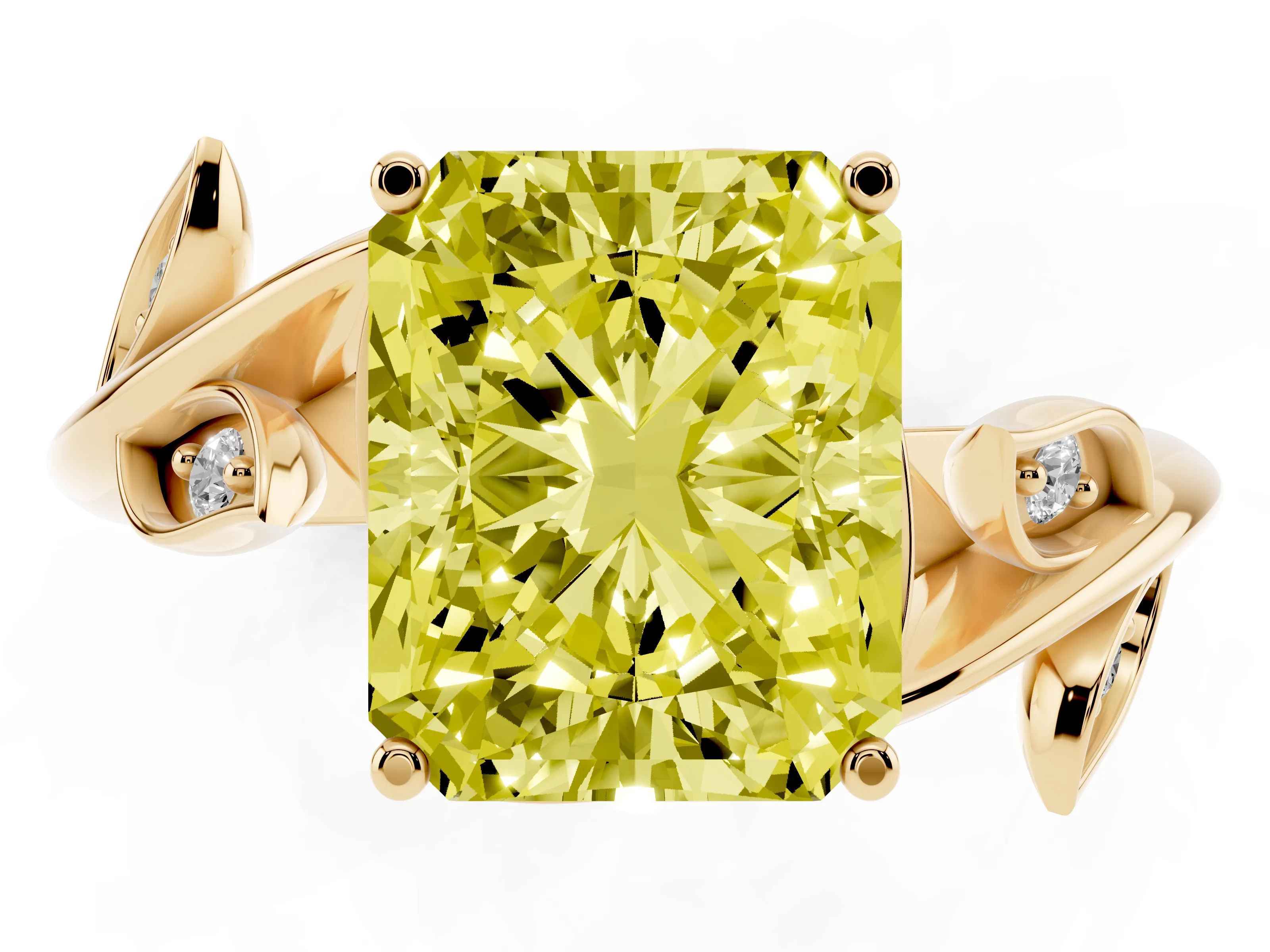 Fancy Yellow Radiant Cut Diamond Solitaire Twist Engagement Ring Set in Yellow gold with Pavé Leaf Accents