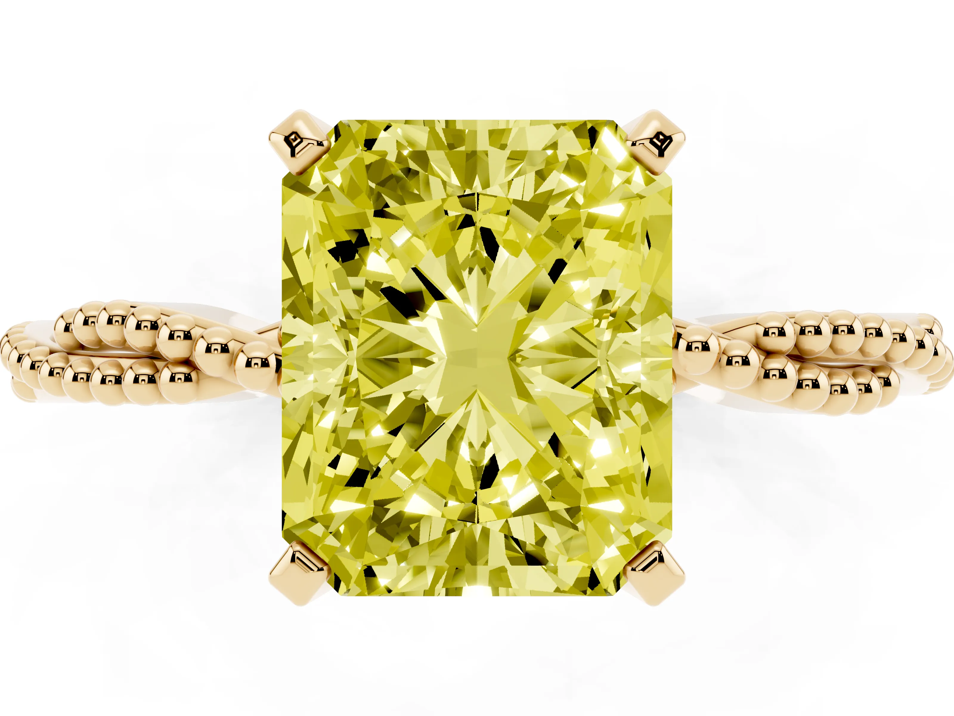Fancy Yellow Radiant Cut Diamond Solitaire Ring Set in Yellow gold with Twisted Band and Bead Prong Setting