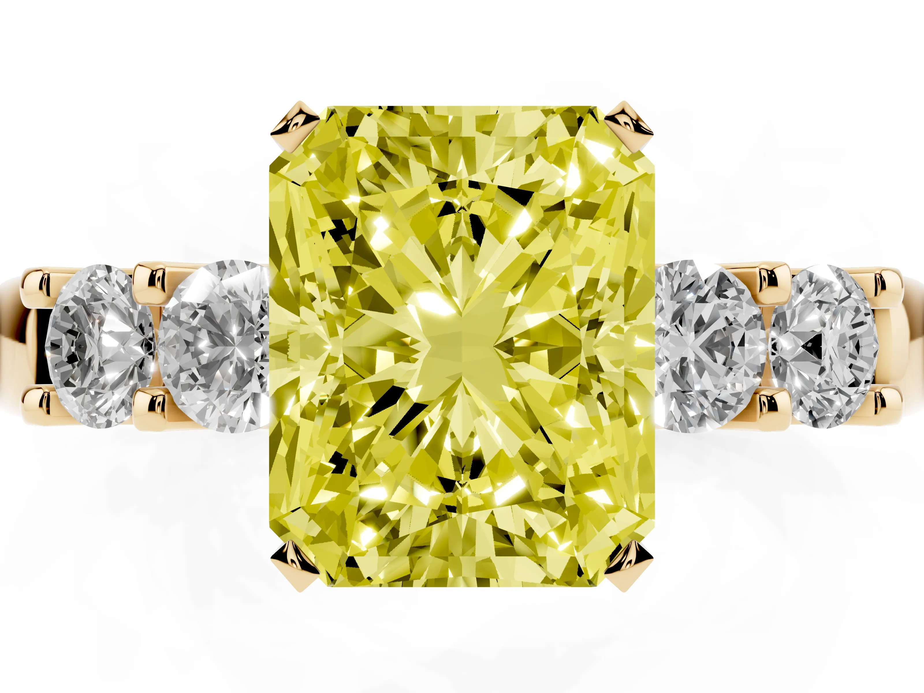 Fancy Yellow Radiant Cut Diamond Five-Stone Prong Set Engagement Ring Set in Yellow gold with Channel Band