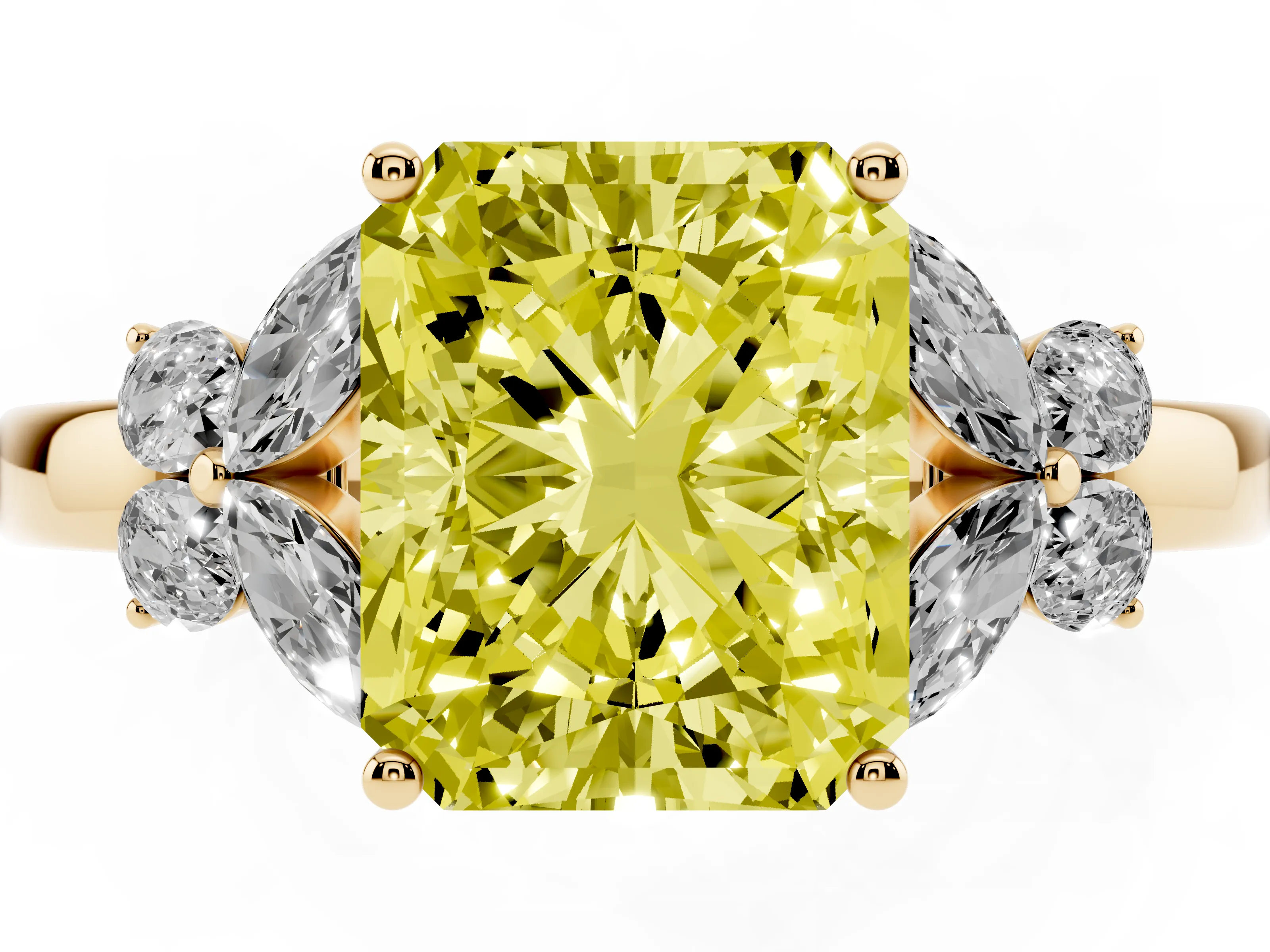 Fancy Yellow Radiant Cut Diamond Solitaire Floral Ring Set in Yellow gold with Marquise Petals and Prong Setting