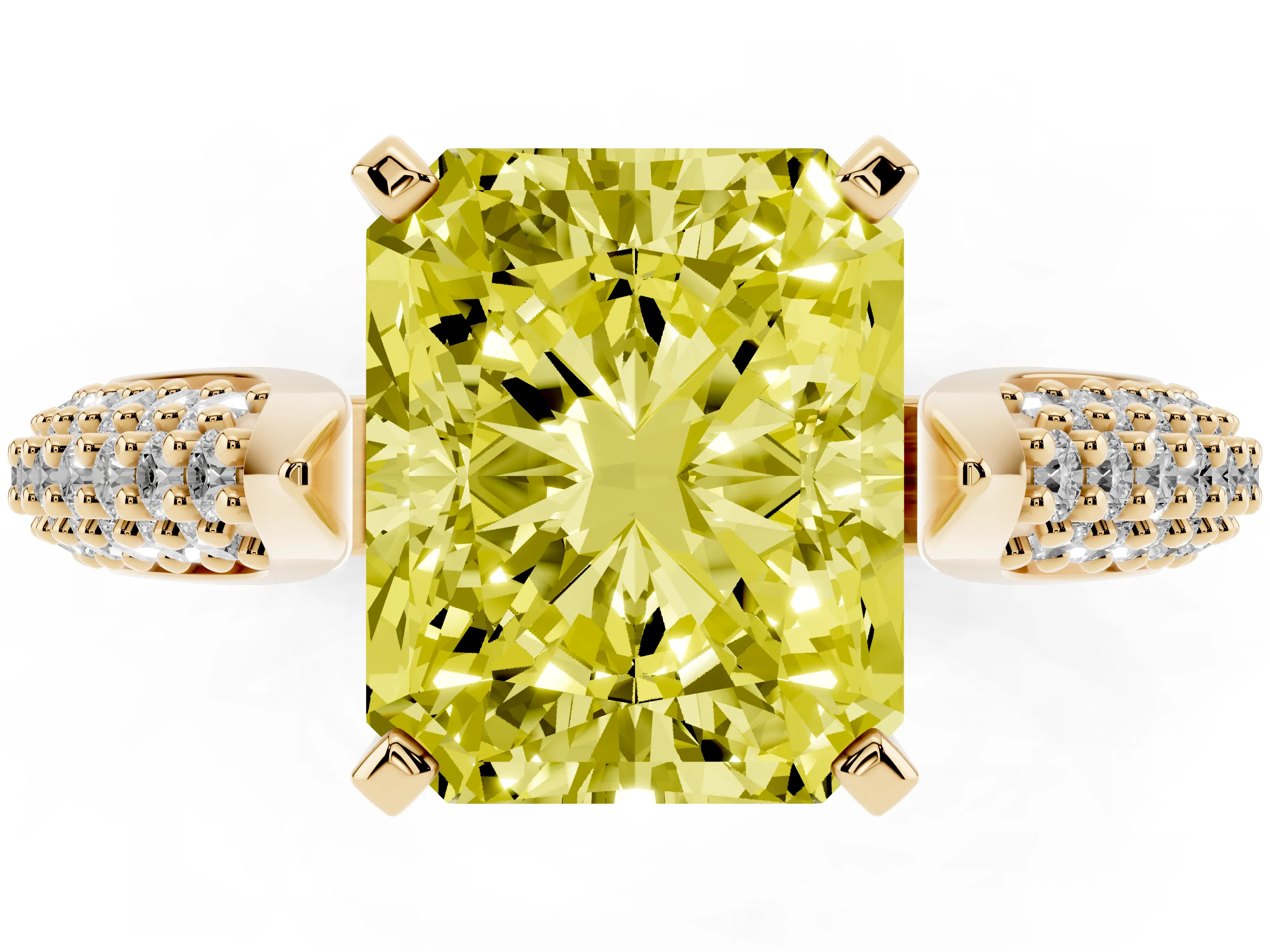 Fancy Yellow Radiant Cut Diamond Solitaire Engagement Ring Set in Yellow gold with Multi-Row Round Pavé Band and Prong Setting