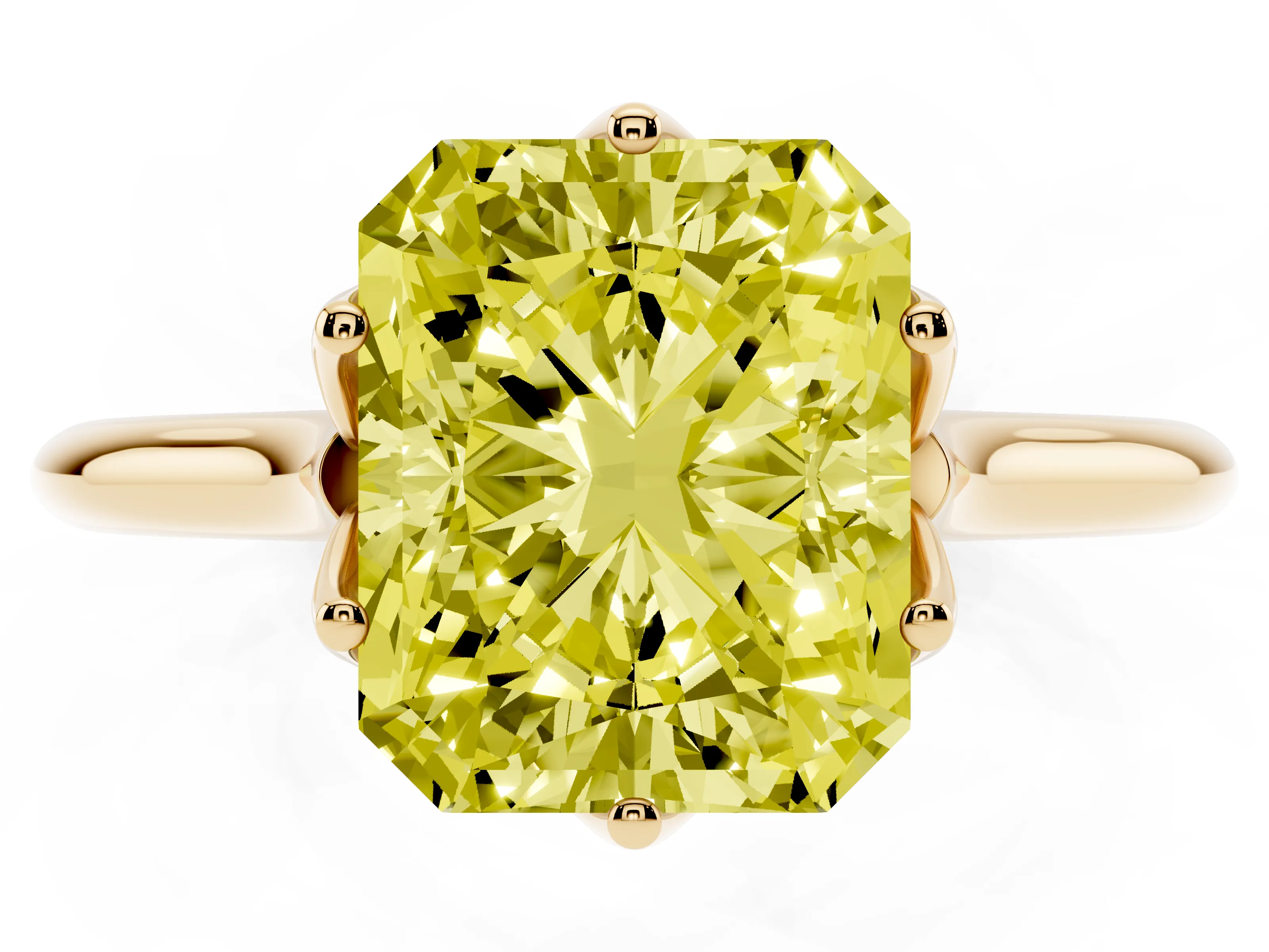 Fancy Yellow Radiant Cut Diamond Solitaire Cathedral Ring Set in Yellow gold with Prong Setting