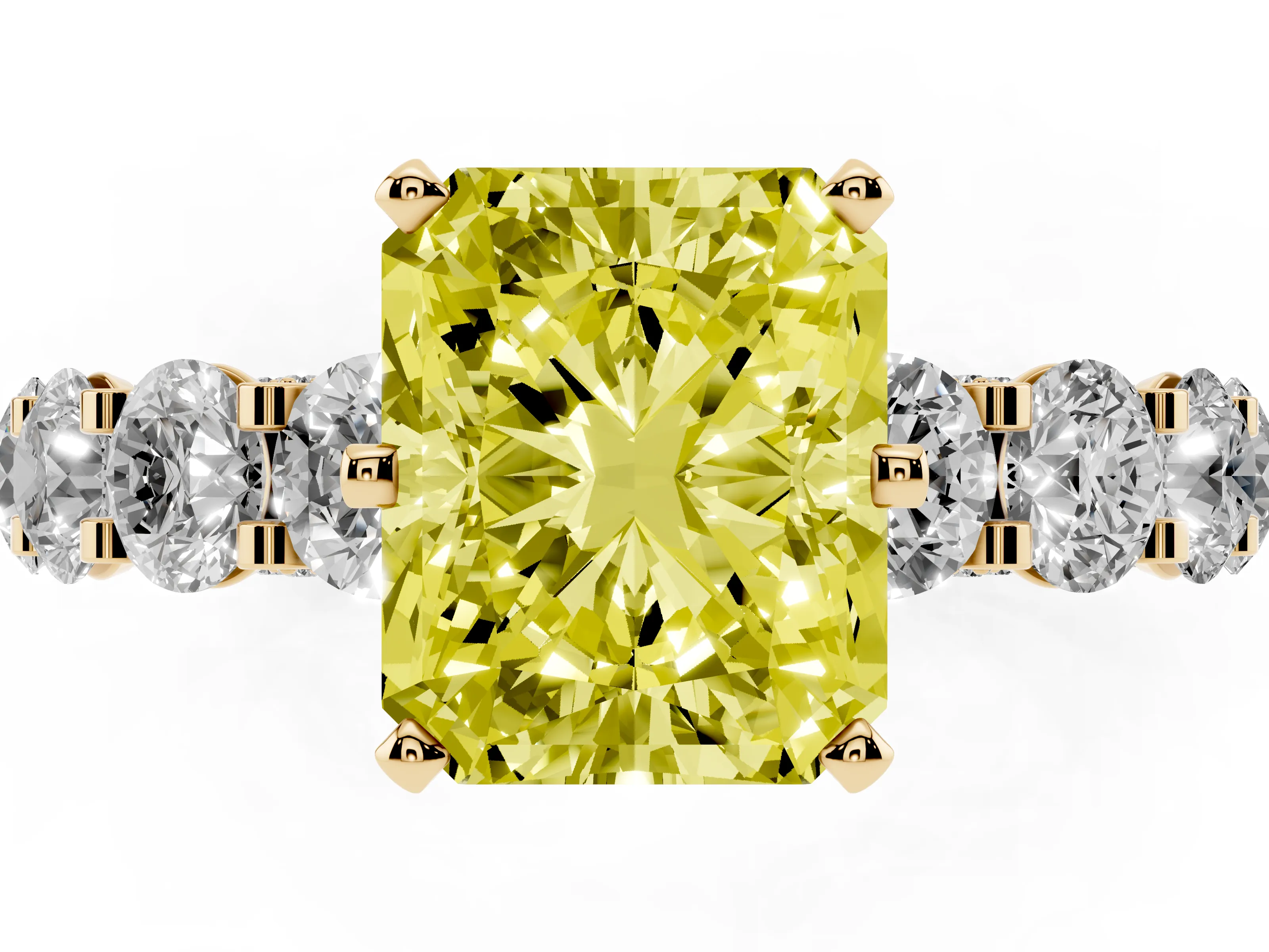 Fancy Yellow Radiant Cut Diamond Side Stone Ring Set in Yellow gold with Alternating Round and Oval Side Stones
