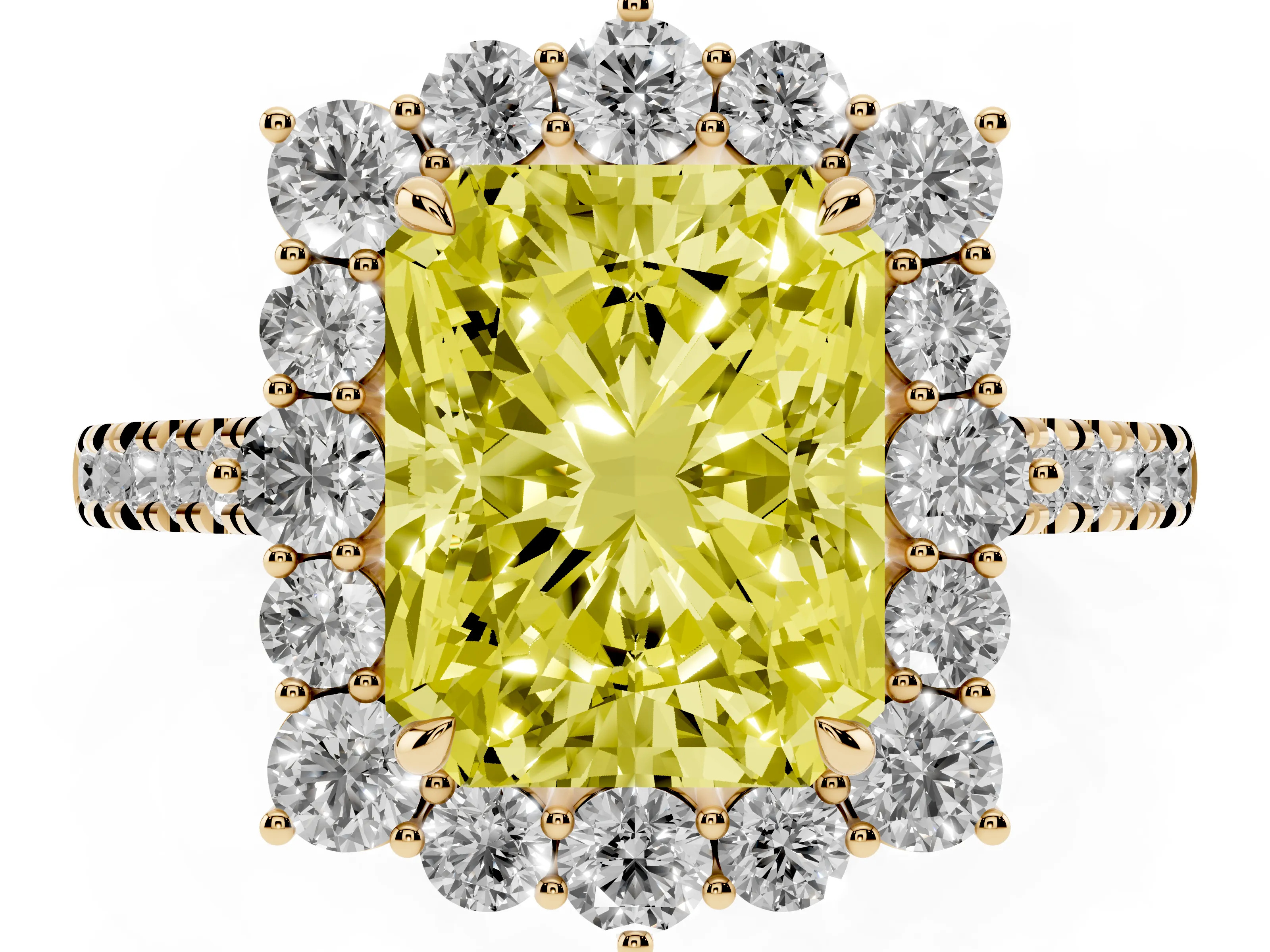 Fancy Yellow Radiant Cut Diamond Halo Ring Set in Yellow gold with Pavé Band and Prong Setting