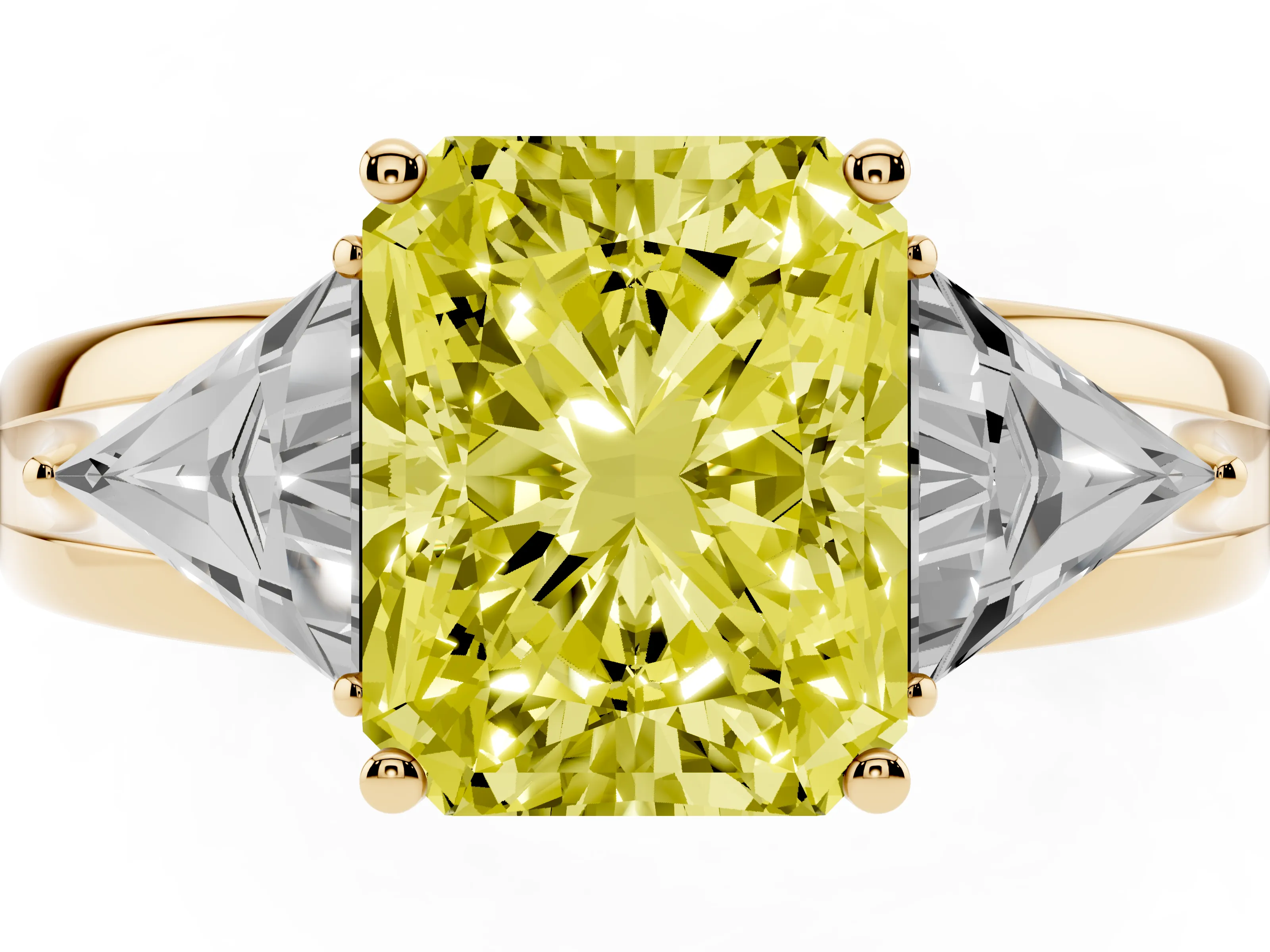 Fancy Yellow Radiant Cut Diamond Three-Stone Ring Set in Yellow gold with Trillion Side Stones and Split Shank