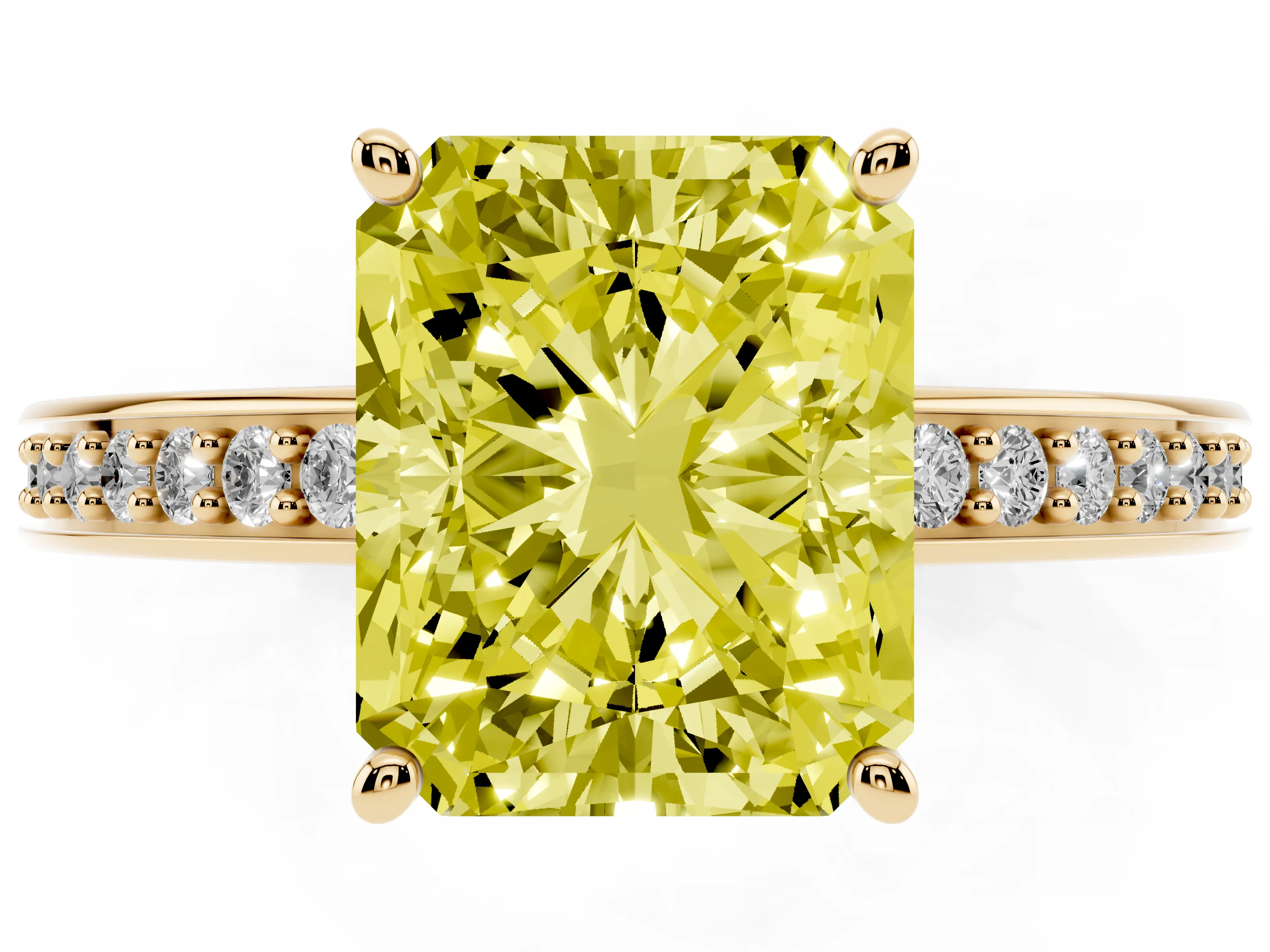 Fancy Yellow Radiant Cut Diamond Pavé Band Prong Set Solitaire Ring Set in Yellow gold