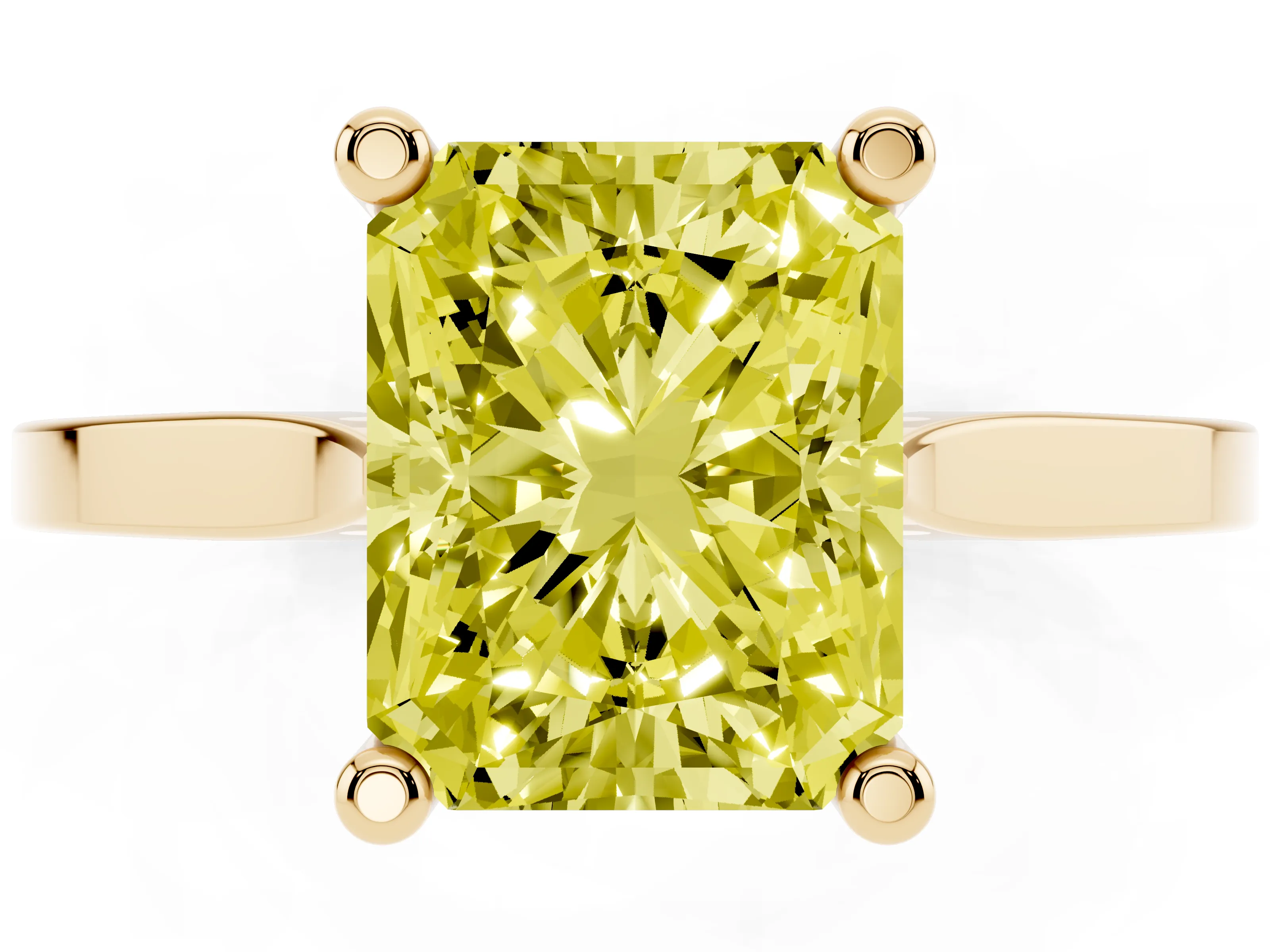 Fancy Yellow Radiant Cut Diamond Solitaire Ring Set in Yellow gold with Prong Setting and Tapered Band