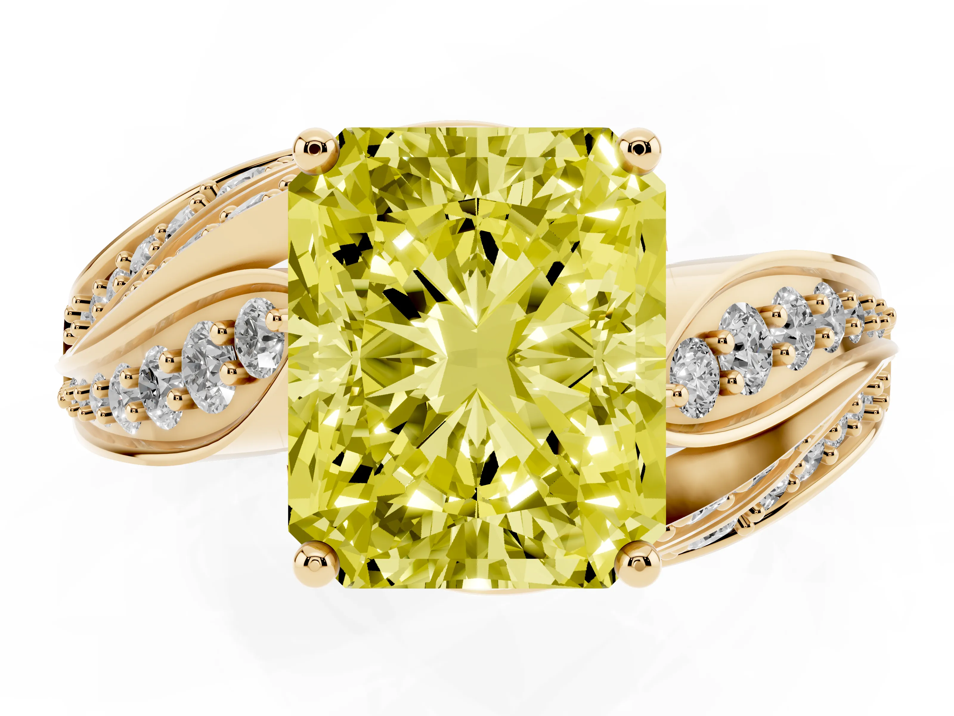Fancy Yellow Radiant Cut Diamond Solitaire Ring Set in Yellow gold with Layered Twist Pavé Band