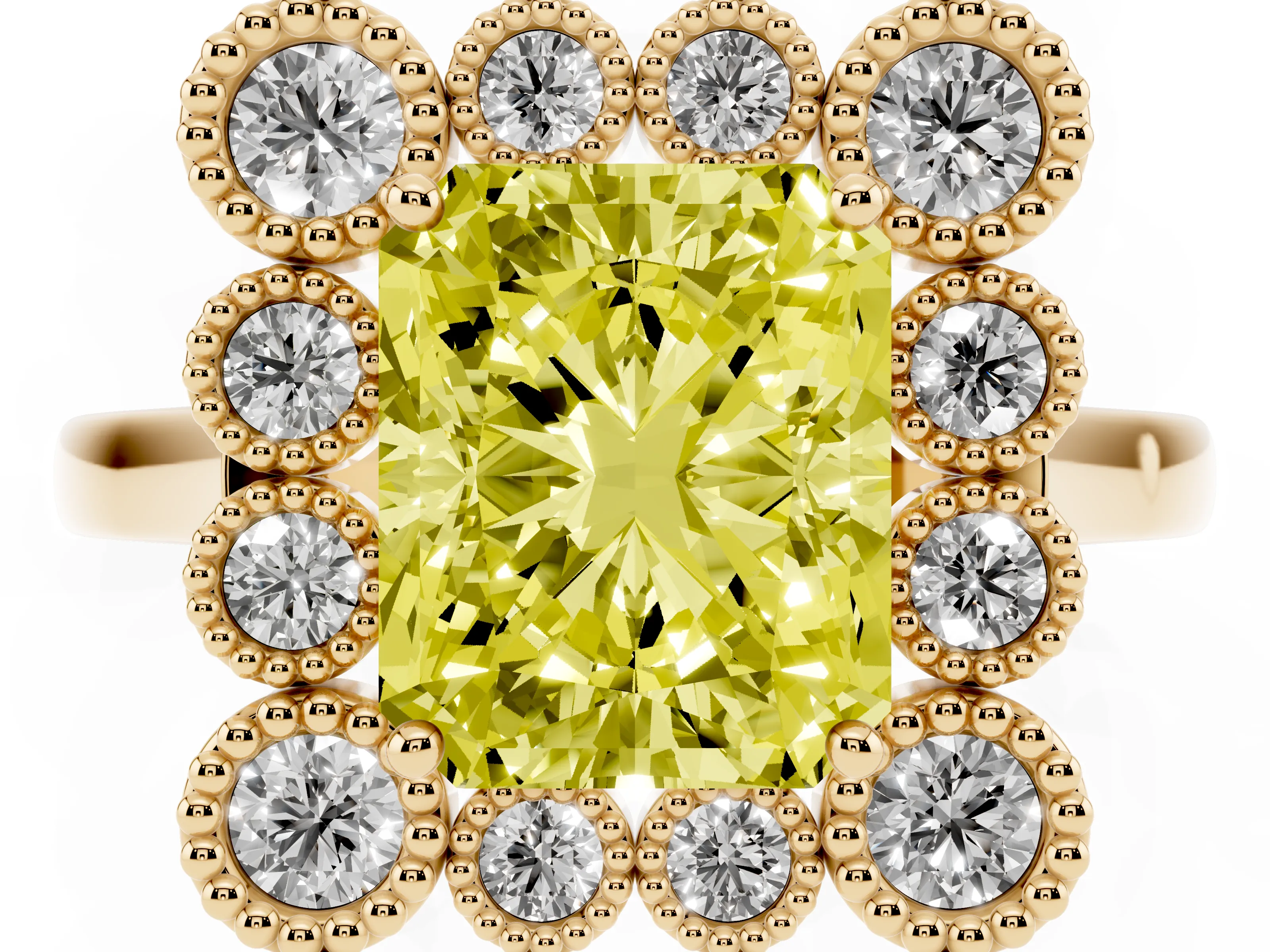 Fancy Yellow Radiant Cut Diamond Cluster Halo Ring Set in Yellow gold with Milgrain Bezel Accents and Plain Band