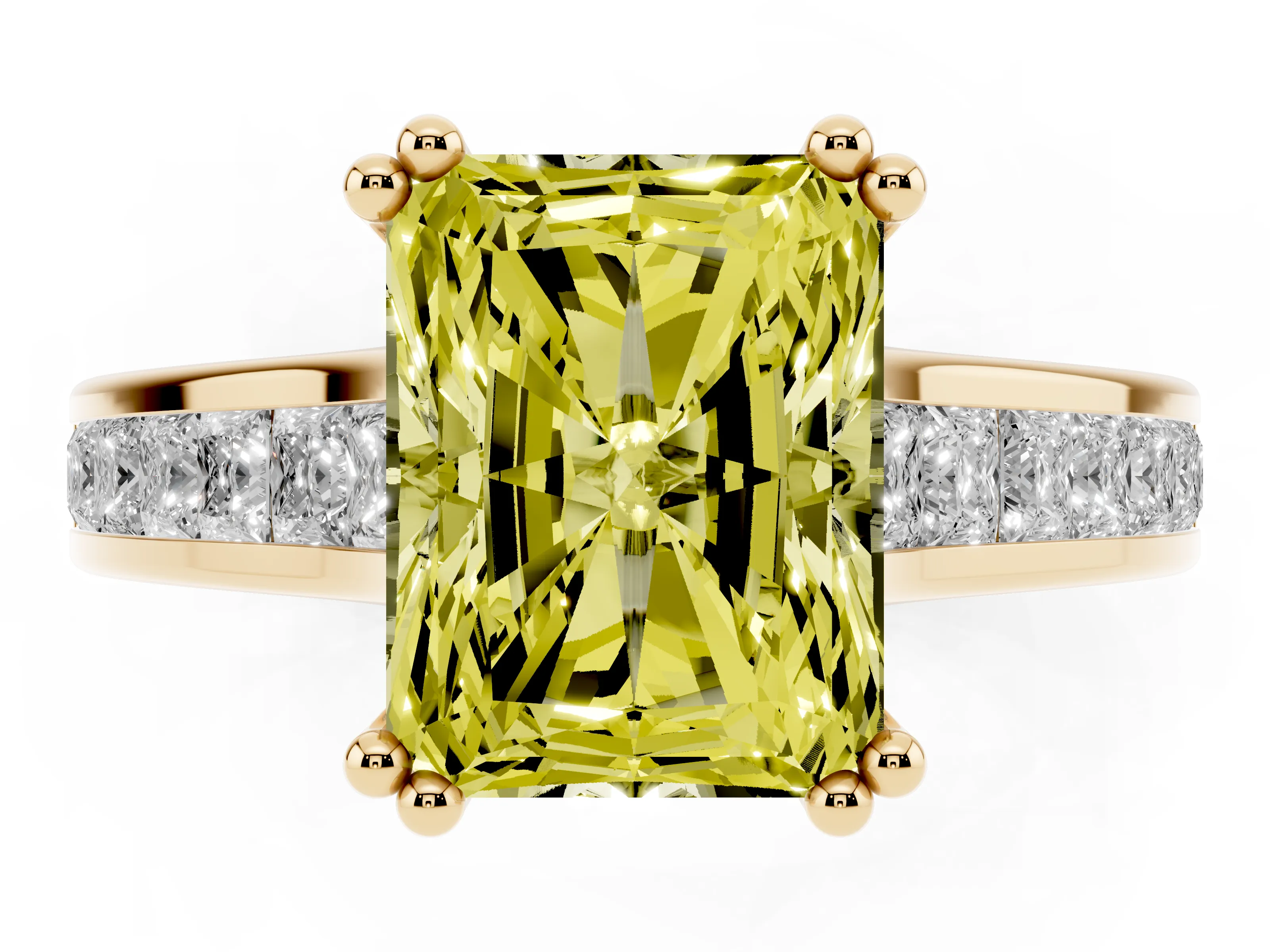 Fancy Yellow Radiant Cut Diamond Channel Set Solitaire Engagement Ring Set in Yellow gold with Prong Setting