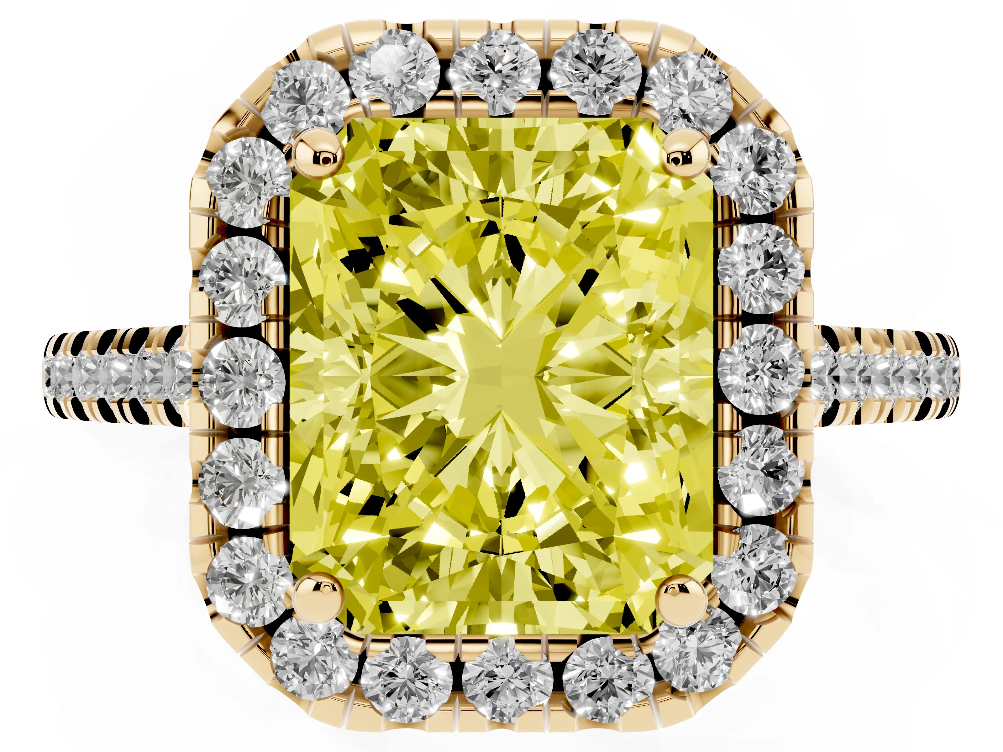 Fancy Yellow Radiant Cut Diamond Cushion Halo Ring Set in Yellow gold with Pavé Band