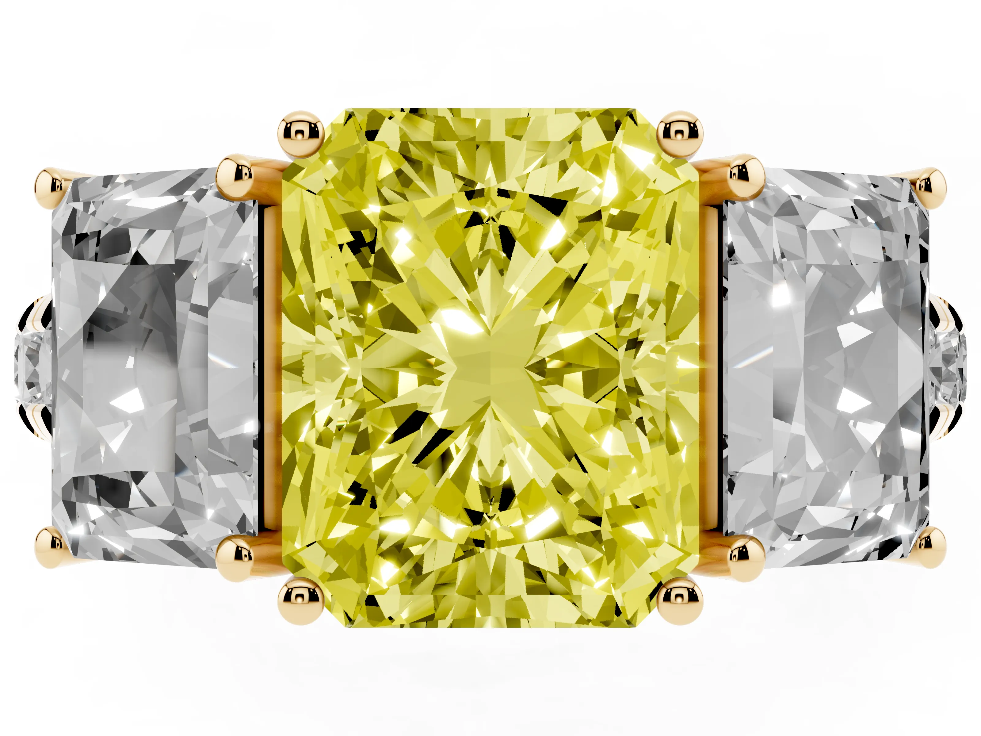 Fancy Yellow Radiant Cut Diamond Three-Stone Ring Set in Yellow gold with Pavé Band