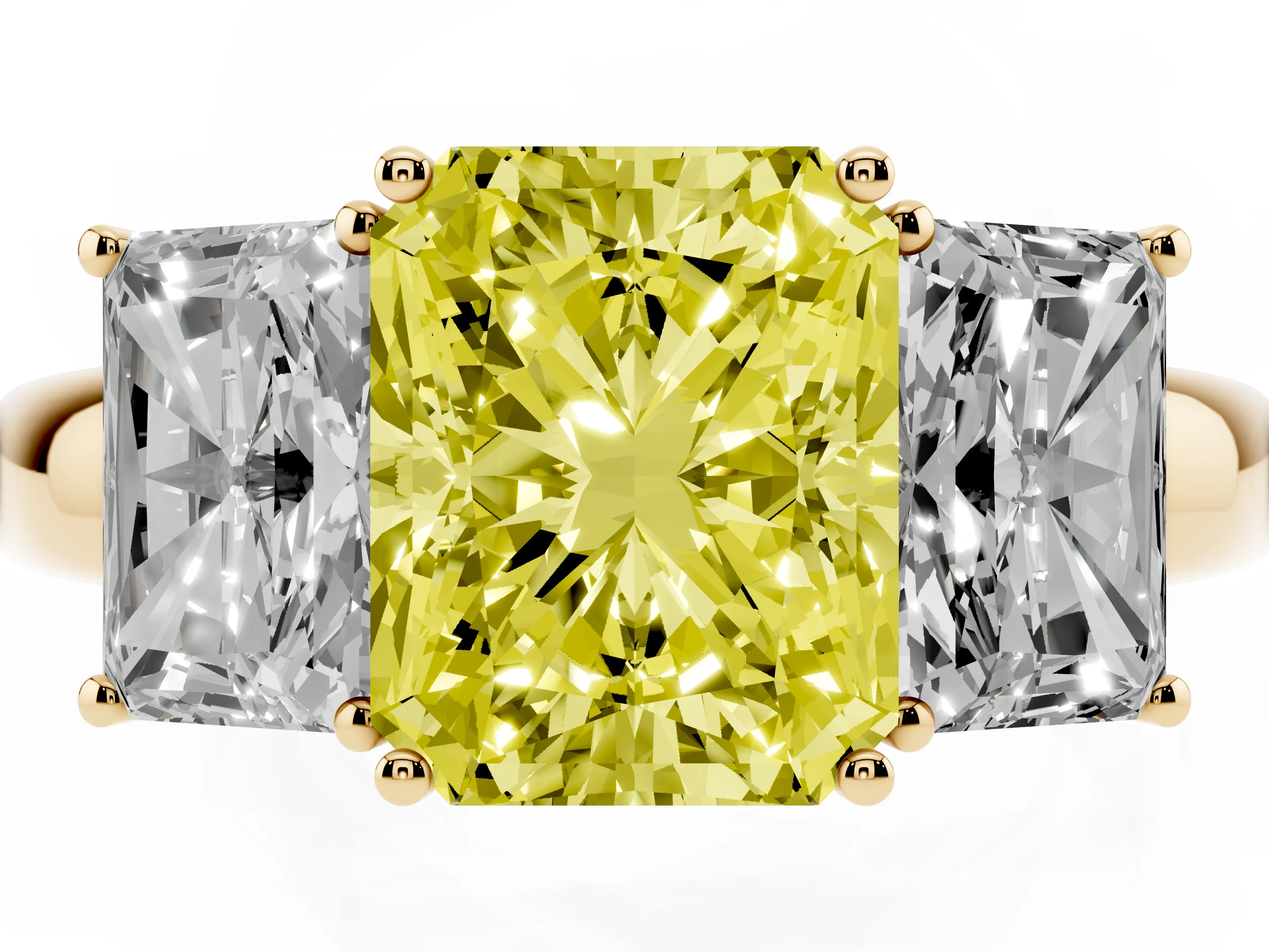 Fancy Yellow Radiant Cut Diamond Three-Stone Ring Set in Yellow gold with Bold Center and Classic Band