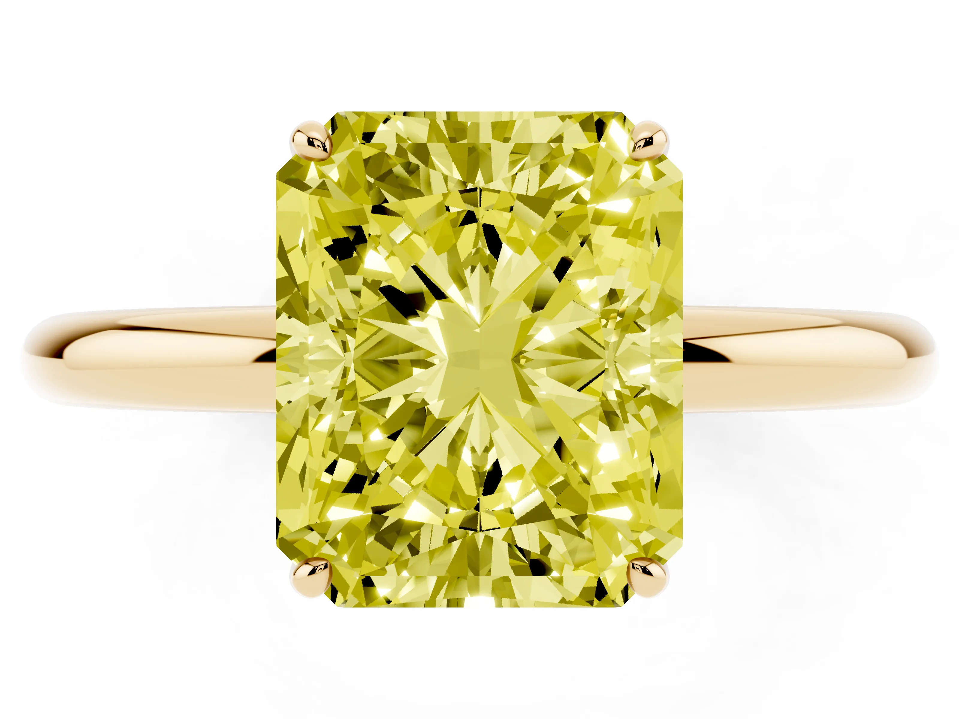 Fancy Yellow Radiant Cut Diamond Solitaire Ring Set in Yellow gold with Prong Setting on a Polished Plain Band
