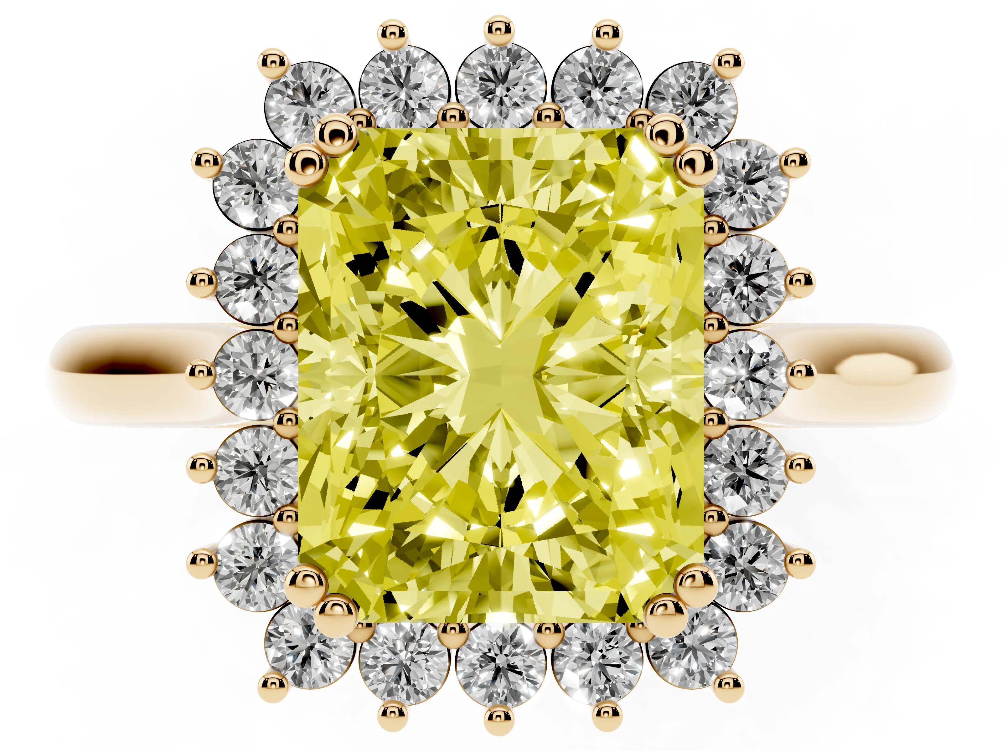 Fancy Yellow Radiant Cut Diamond Halo Ring Set in Yellow gold with Plain Solitaire Band and Prong Setting