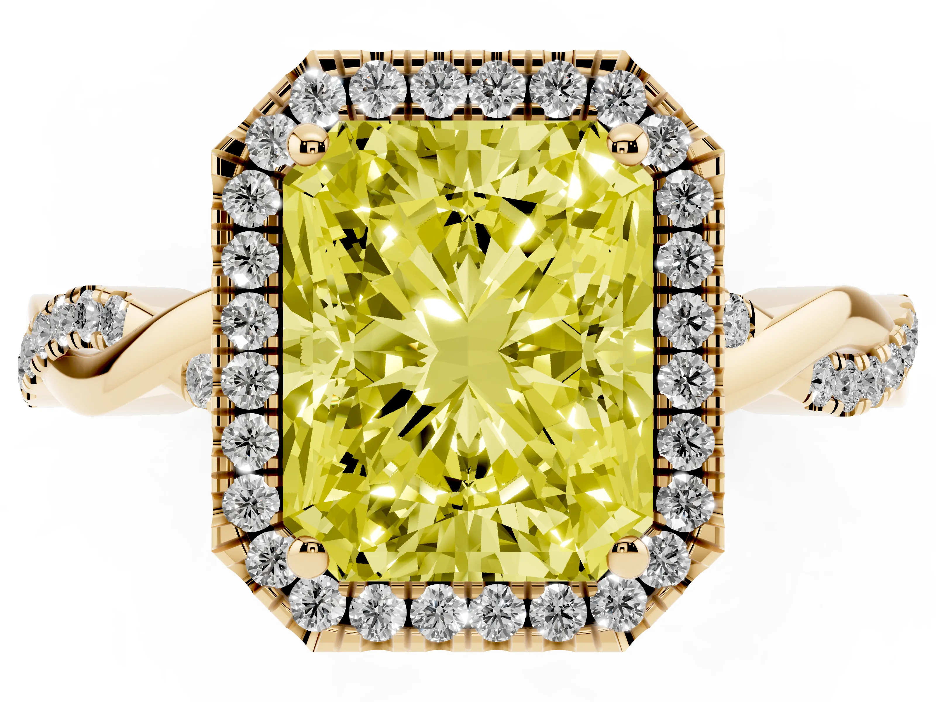 Fancy Yellow Radiant Cut Diamond Halo Twisted Band Ring Set in Yellow gold with Prong Setting