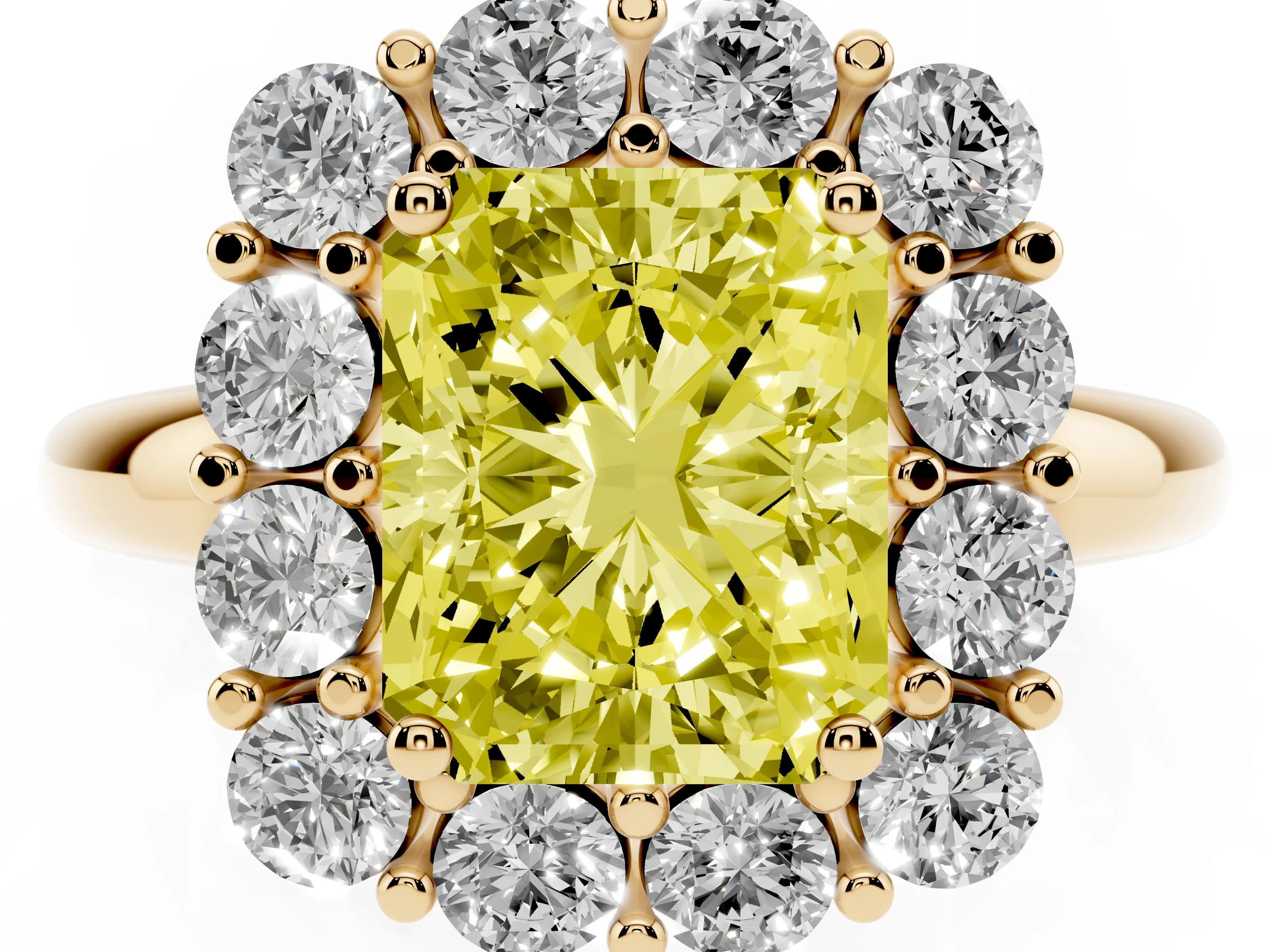Fancy Yellow Radiant Cut Diamond Halo Cluster Engagement Ring Set in Yellow gold with Polished Band and Prong Setting