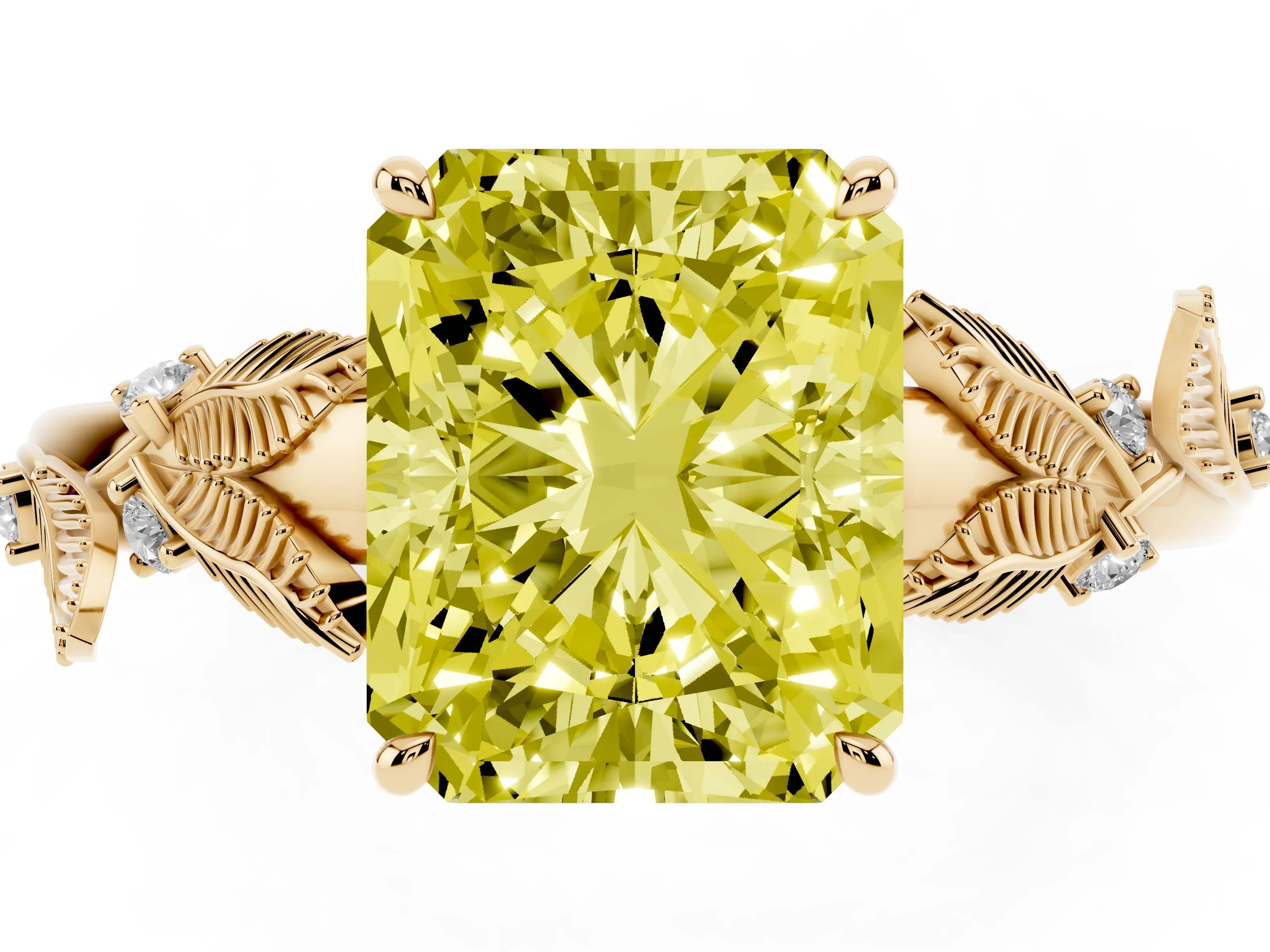 Fancy Yellow Radiant Cut Diamond Solitaire Ring Set in Yellow gold with Leaf Motif Band