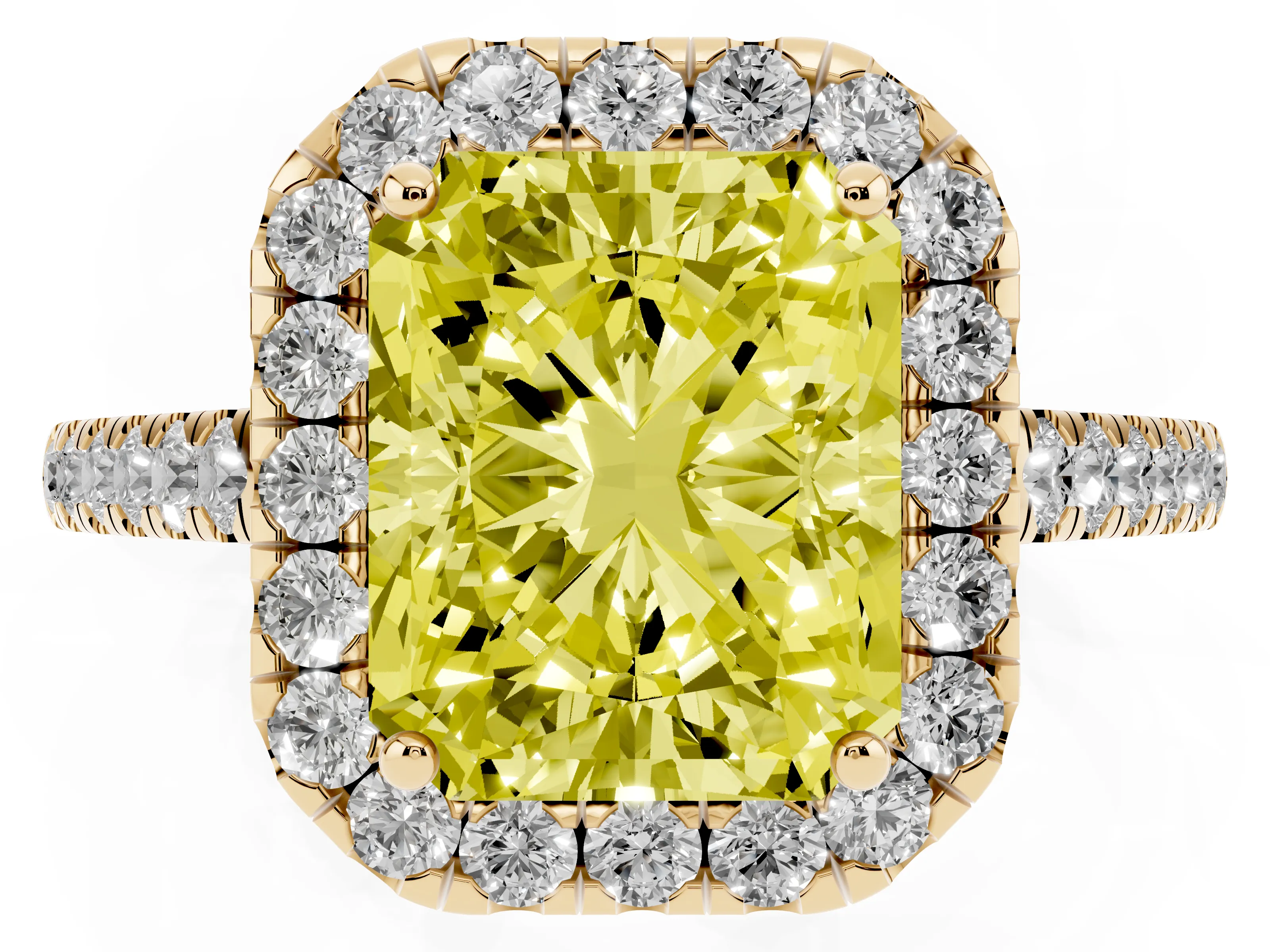 Fancy Yellow Radiant Cut Diamond Halo Pavé Engagement Ring Set in Yellow gold with Prong Setting
