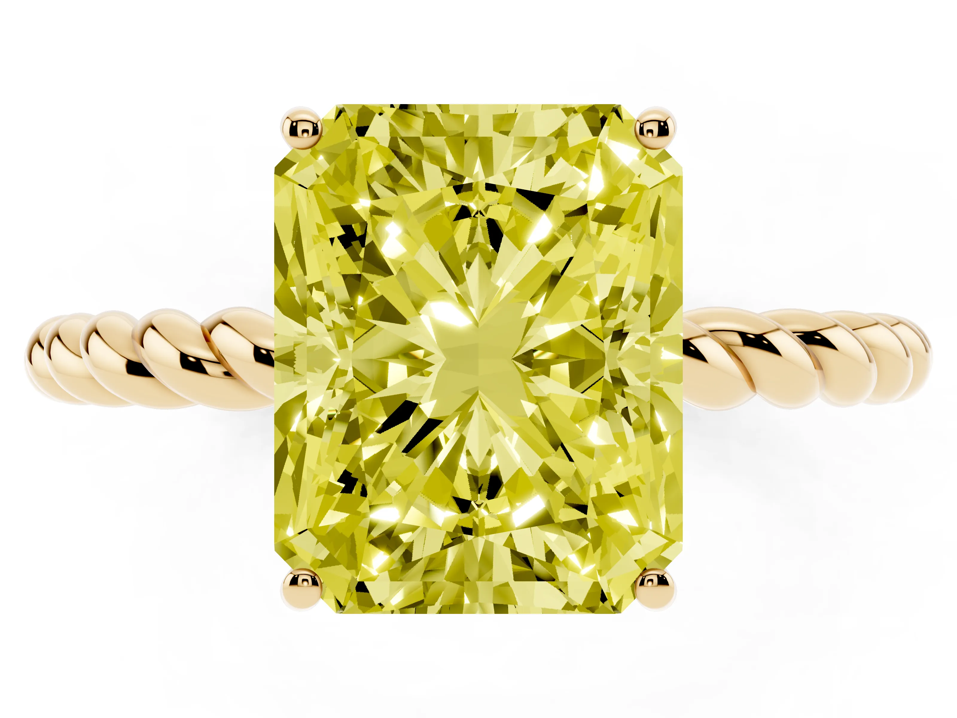 Fancy Yellow Radiant Cut Diamond Solitaire Ring Set in Yellow gold with Twist Band and Prong Setting