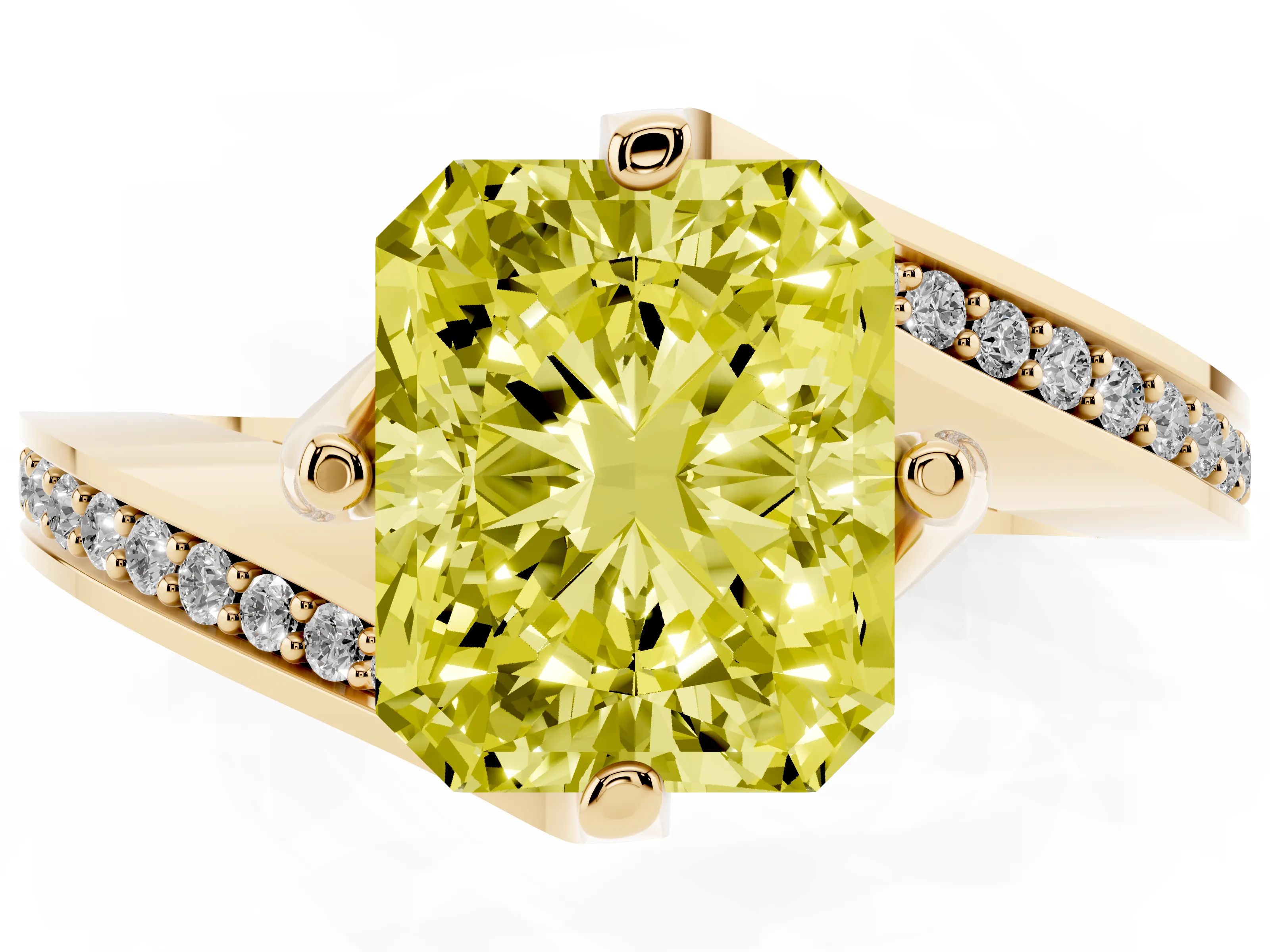 Fancy Yellow Radiant Cut Diamond Solitaire Ring Set in Yellow gold with Intertwined Pavé Twist Band