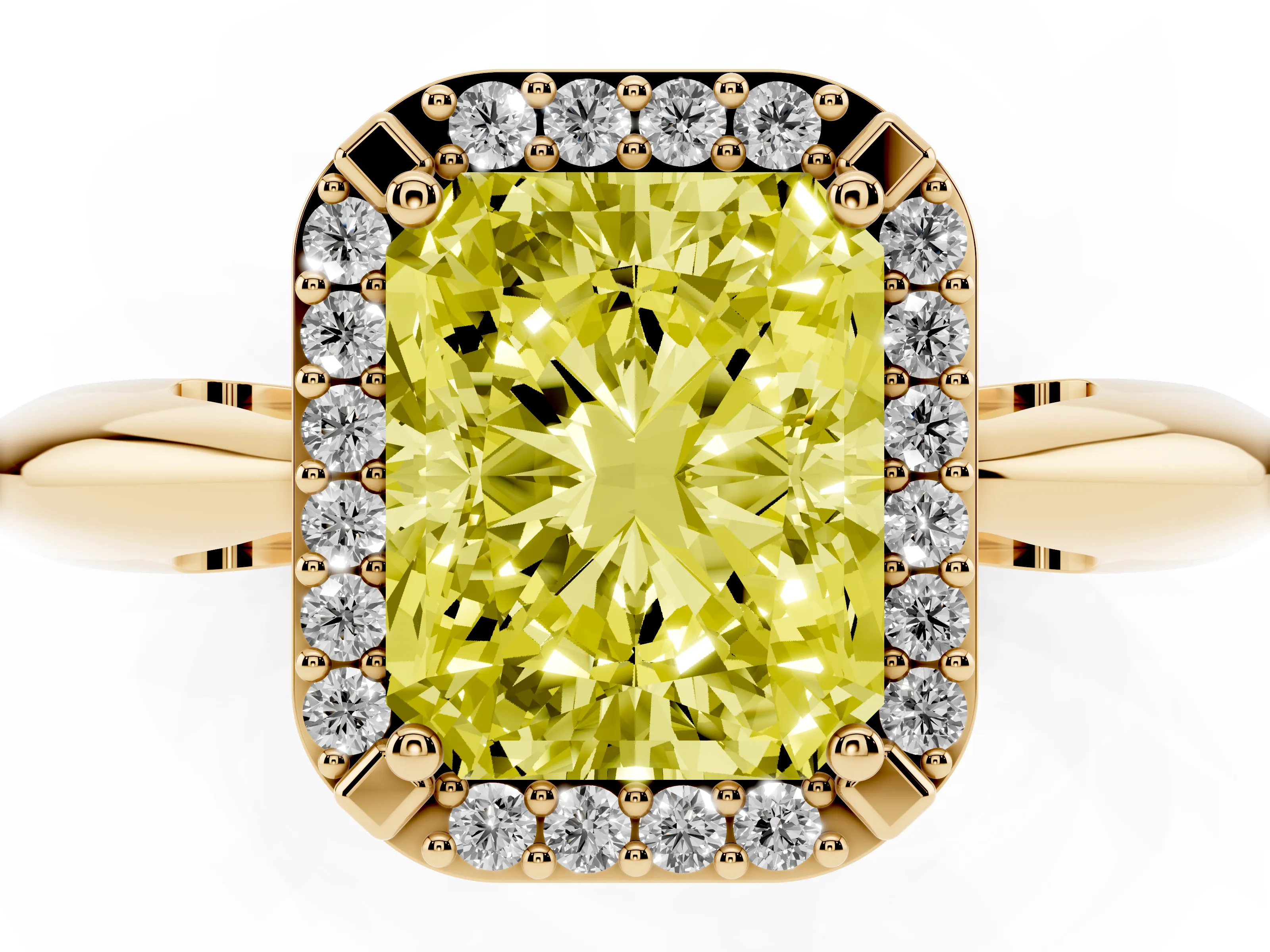 Fancy Yellow Radiant Cut Diamond Halo Engagement Ring Set in Yellow gold with Plain Split Shank and Prong Setting