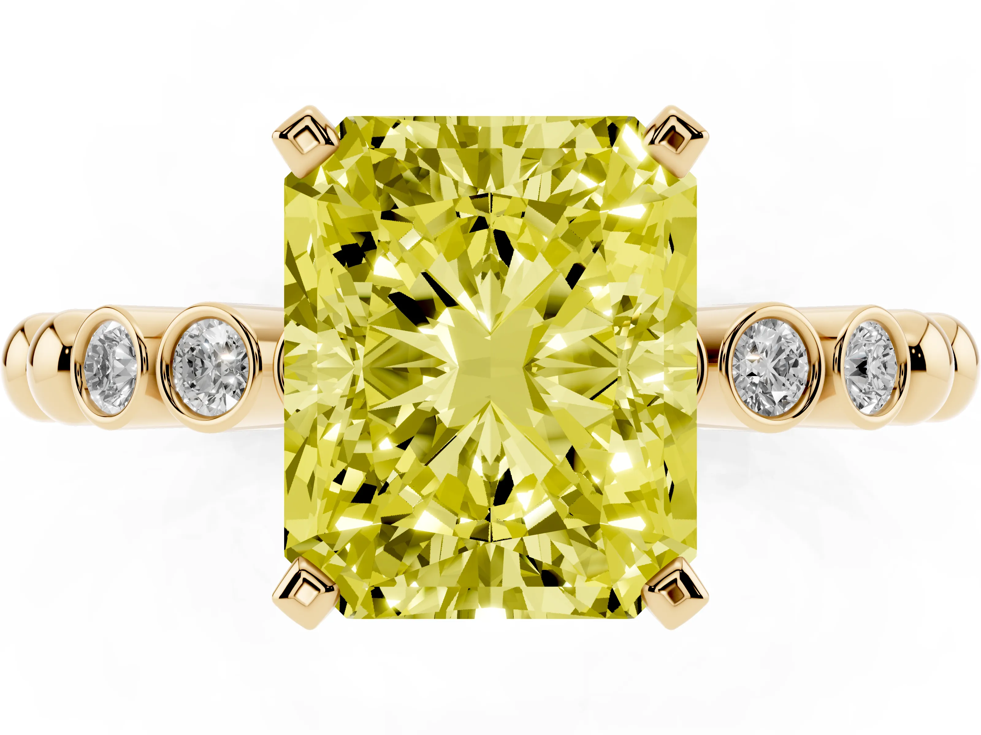 Fancy Yellow Radiant Cut Diamond Solitaire Engagement Ring Set in Yellow gold with Bezel Accents on Beaded Band