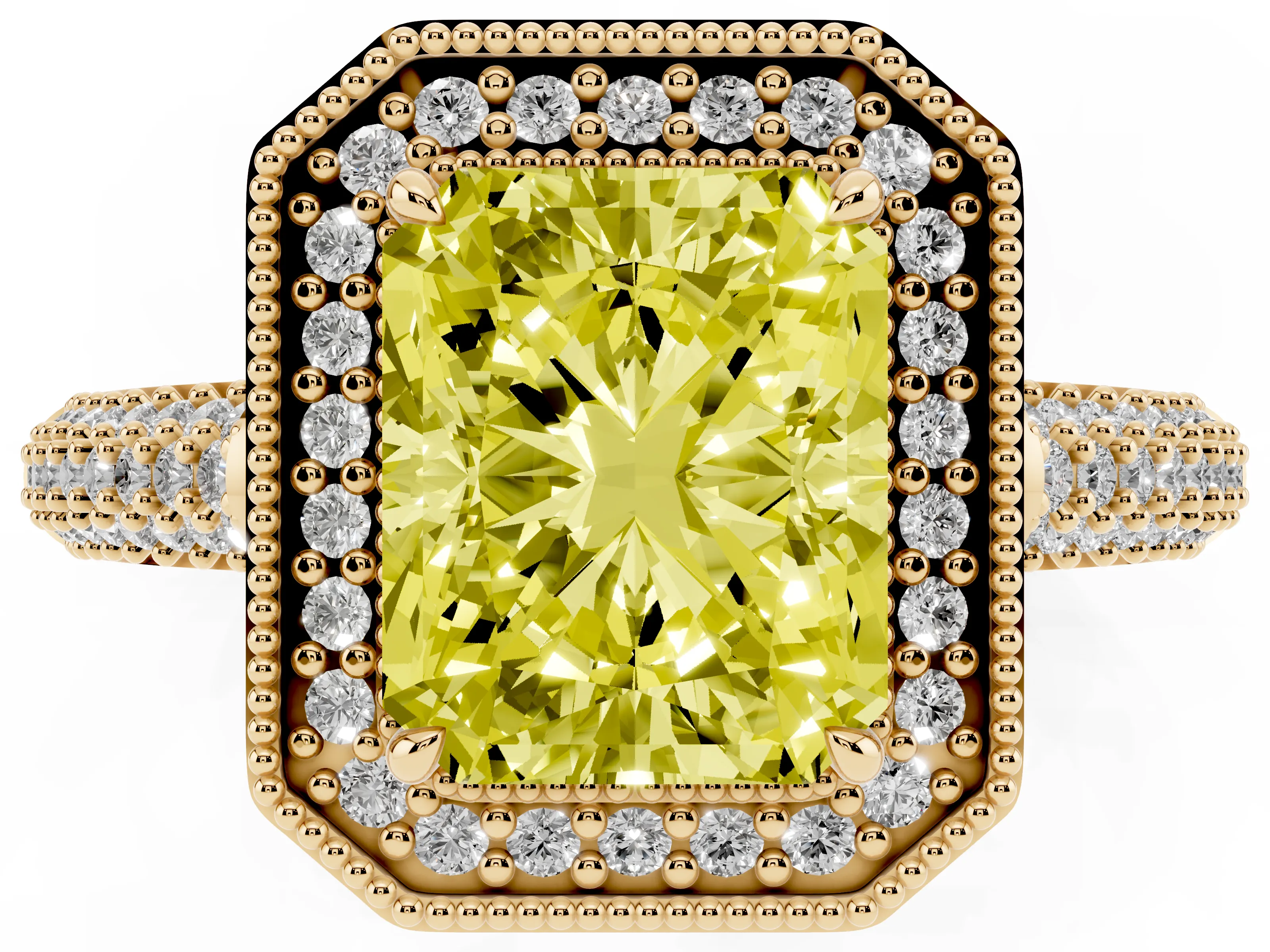 Fancy Yellow Radiant Cut Diamond Halo Pavé Band Set in Yellow gold with Prong Setting