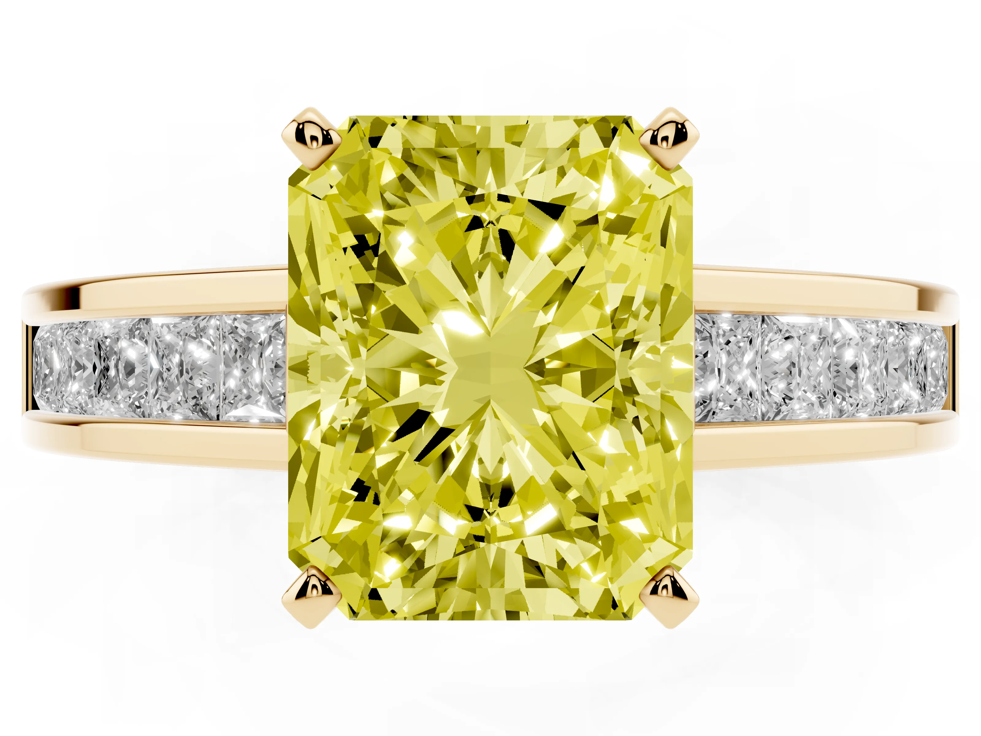 Fancy Yellow Radiant Cut Diamond Solitaire Ring Set in Yellow gold with Channel-Set Band and Prong Setting